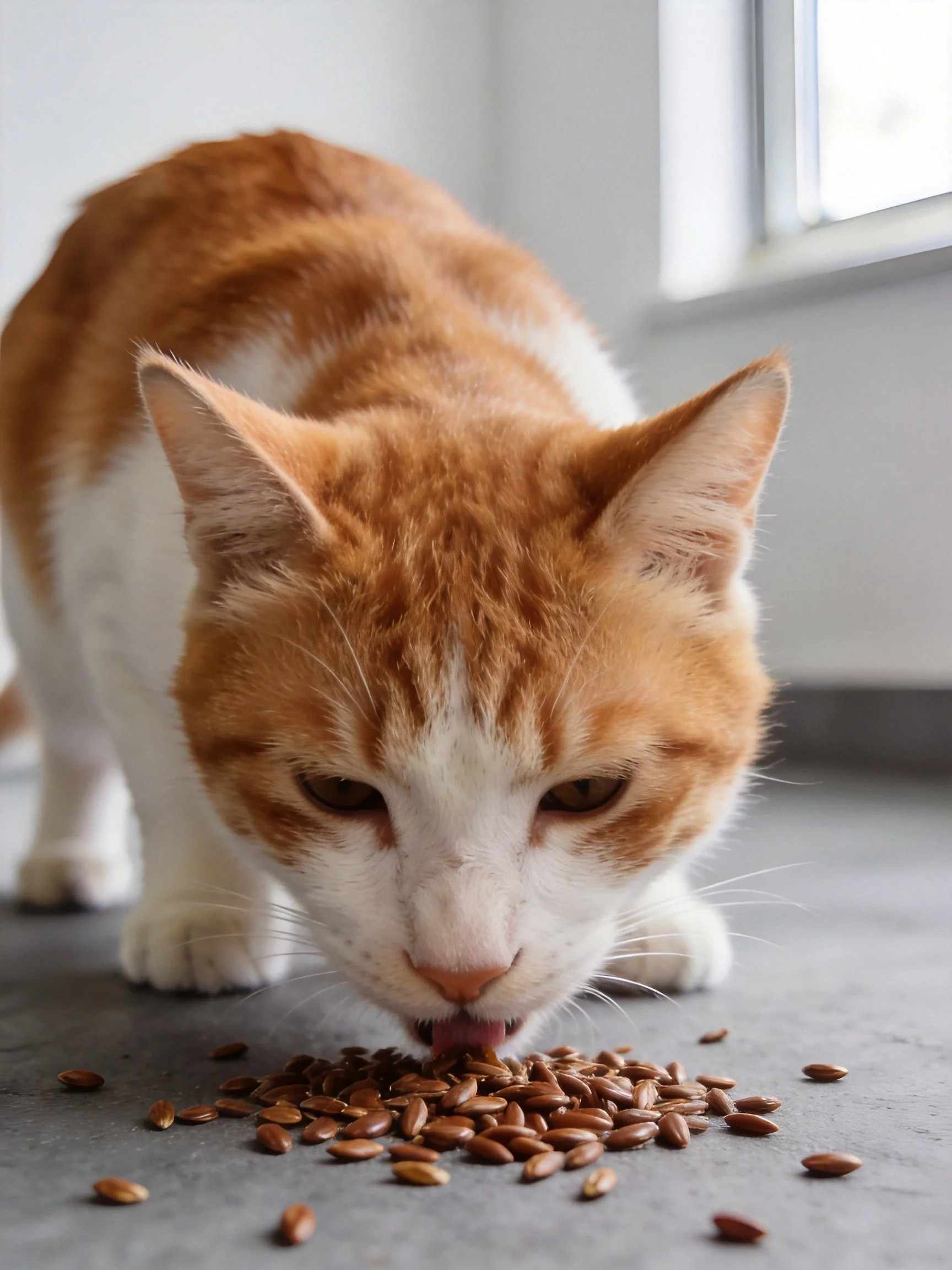 An orange and white cat eats brown seeds on a gray floor near a window.