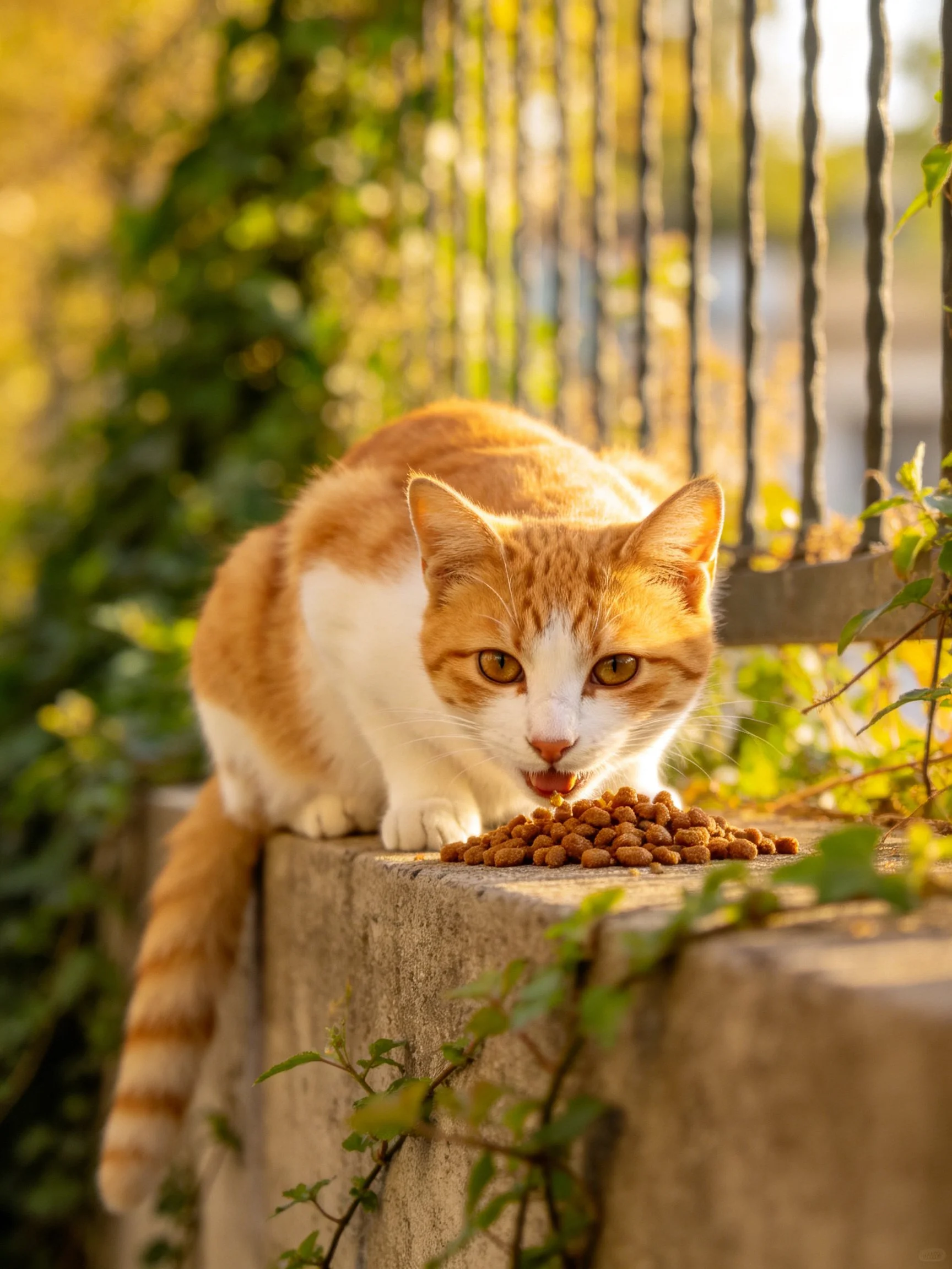 An orange and white cat eats dry kibble by a stone ledge