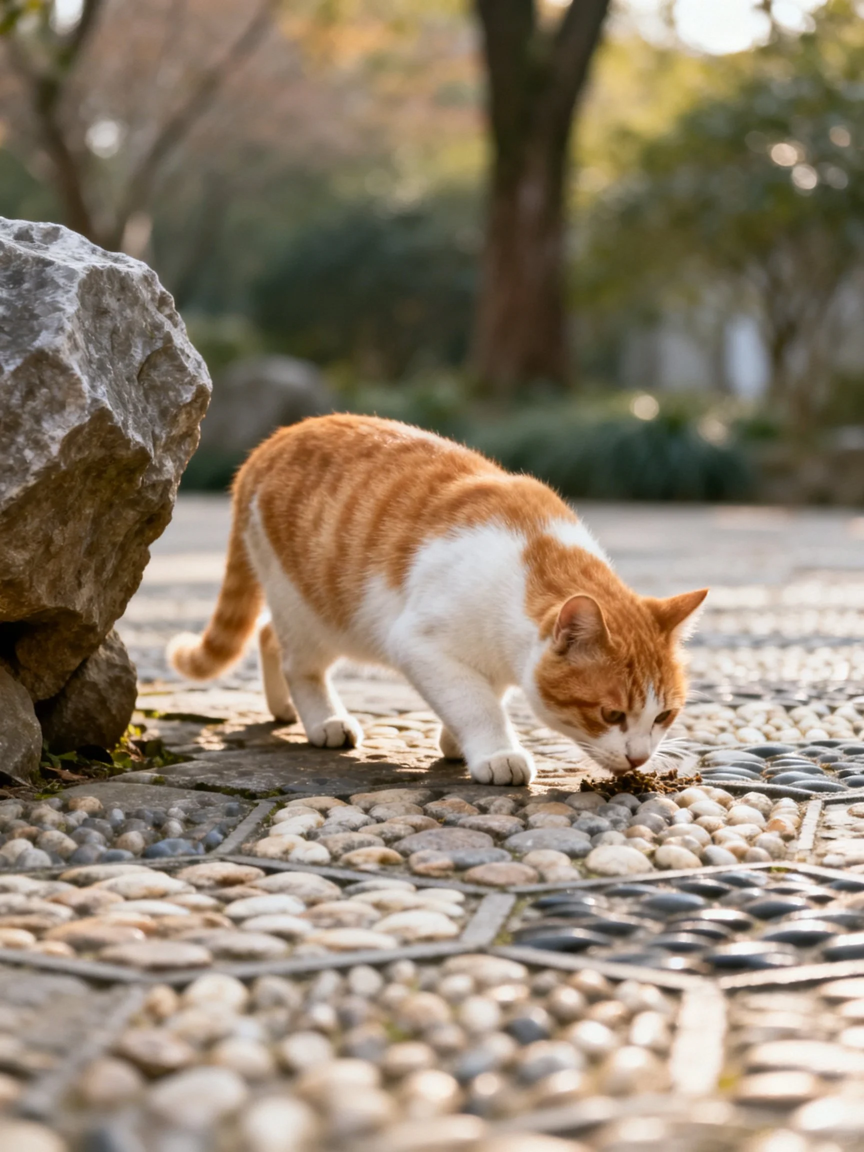 An orange and white cat explores a pebbled pathway near large rocks
