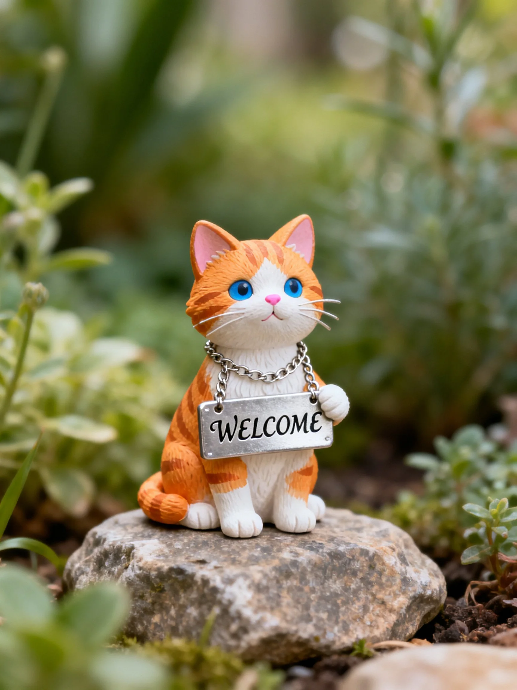 An orange and white cat figurine holds a WELCOME sign on a rocky garden spot