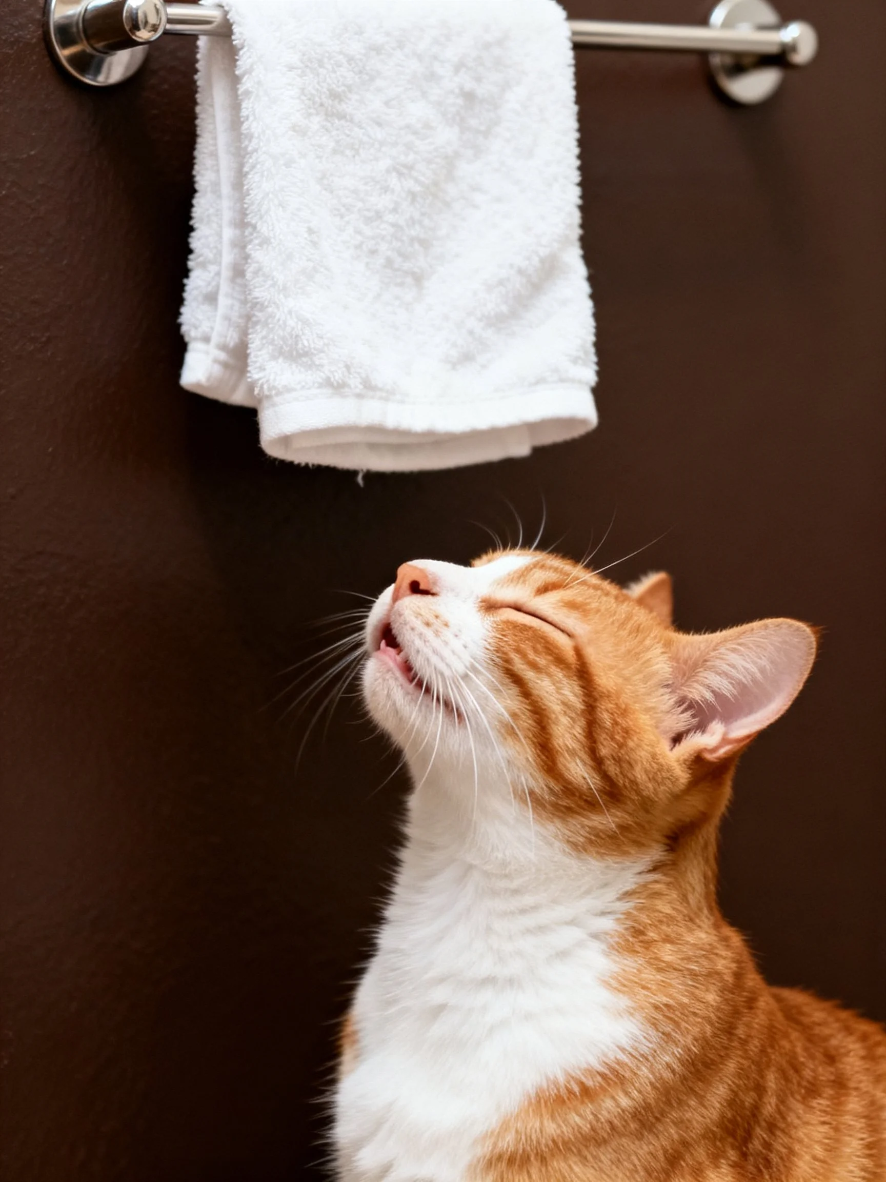 An orange and white cat gazes at a white towel on a silver rack