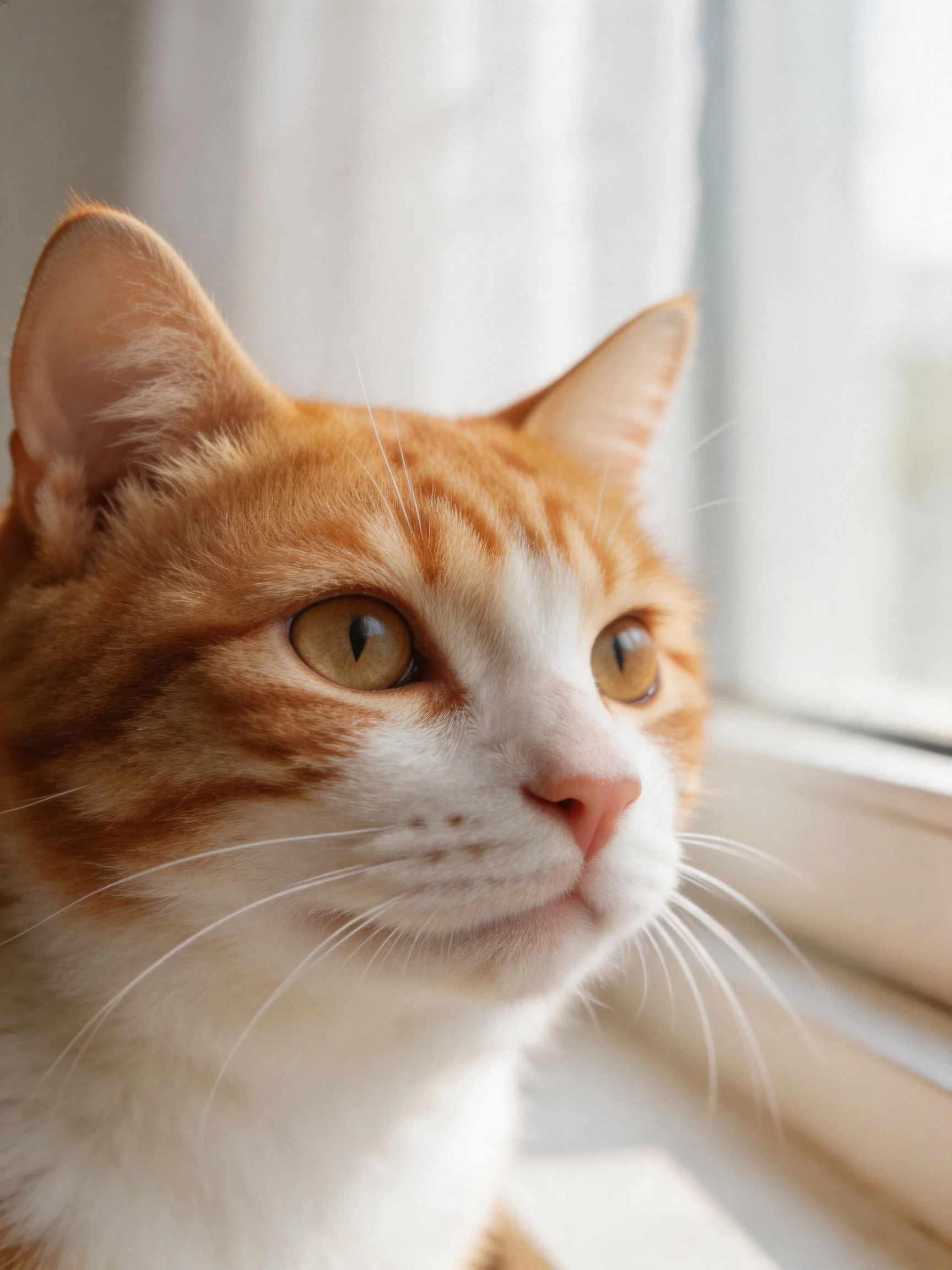 An orange and white cat gazes thoughtfully by a bright window
