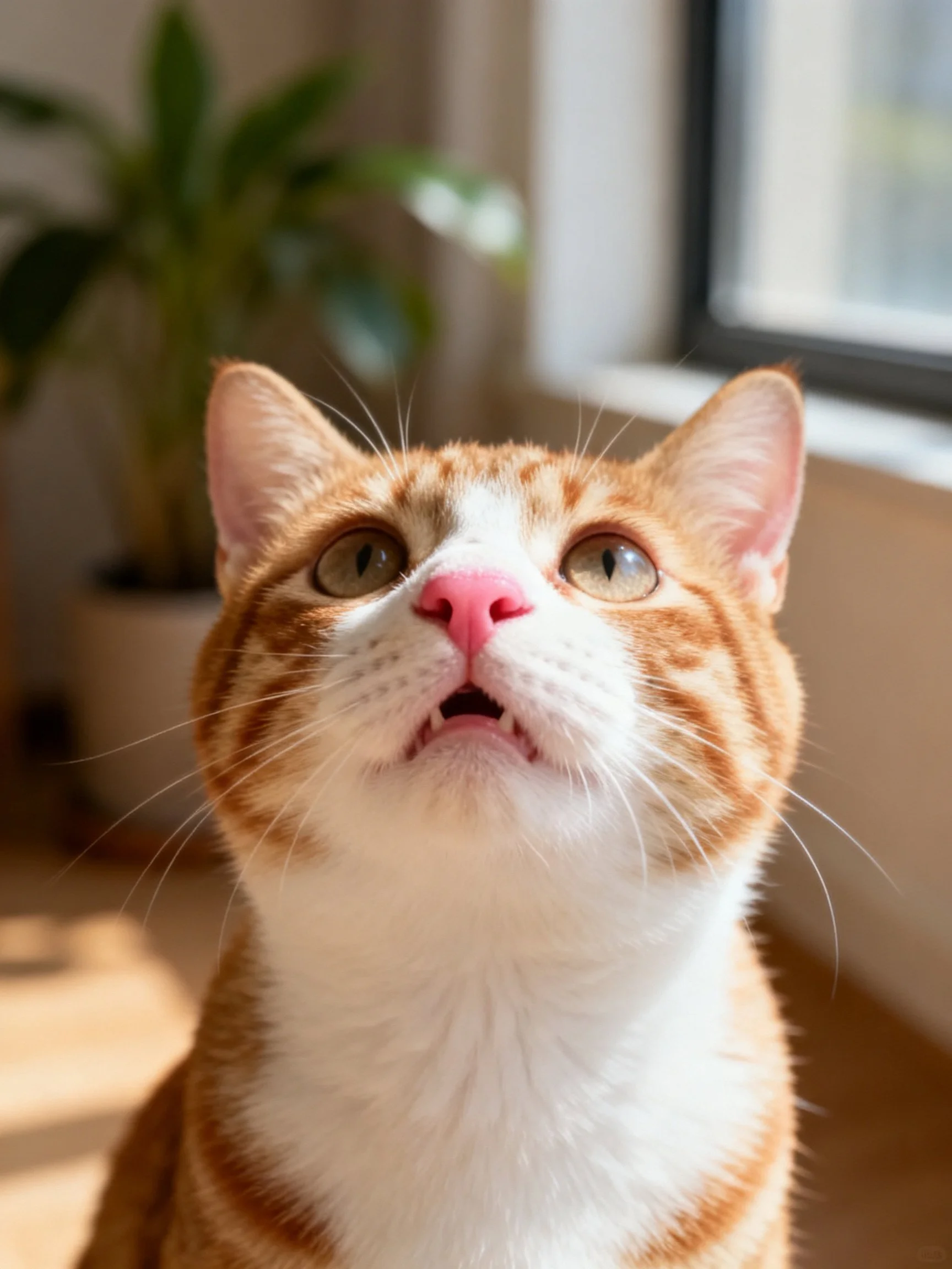 An orange and white cat gazes upward near a sunlit window