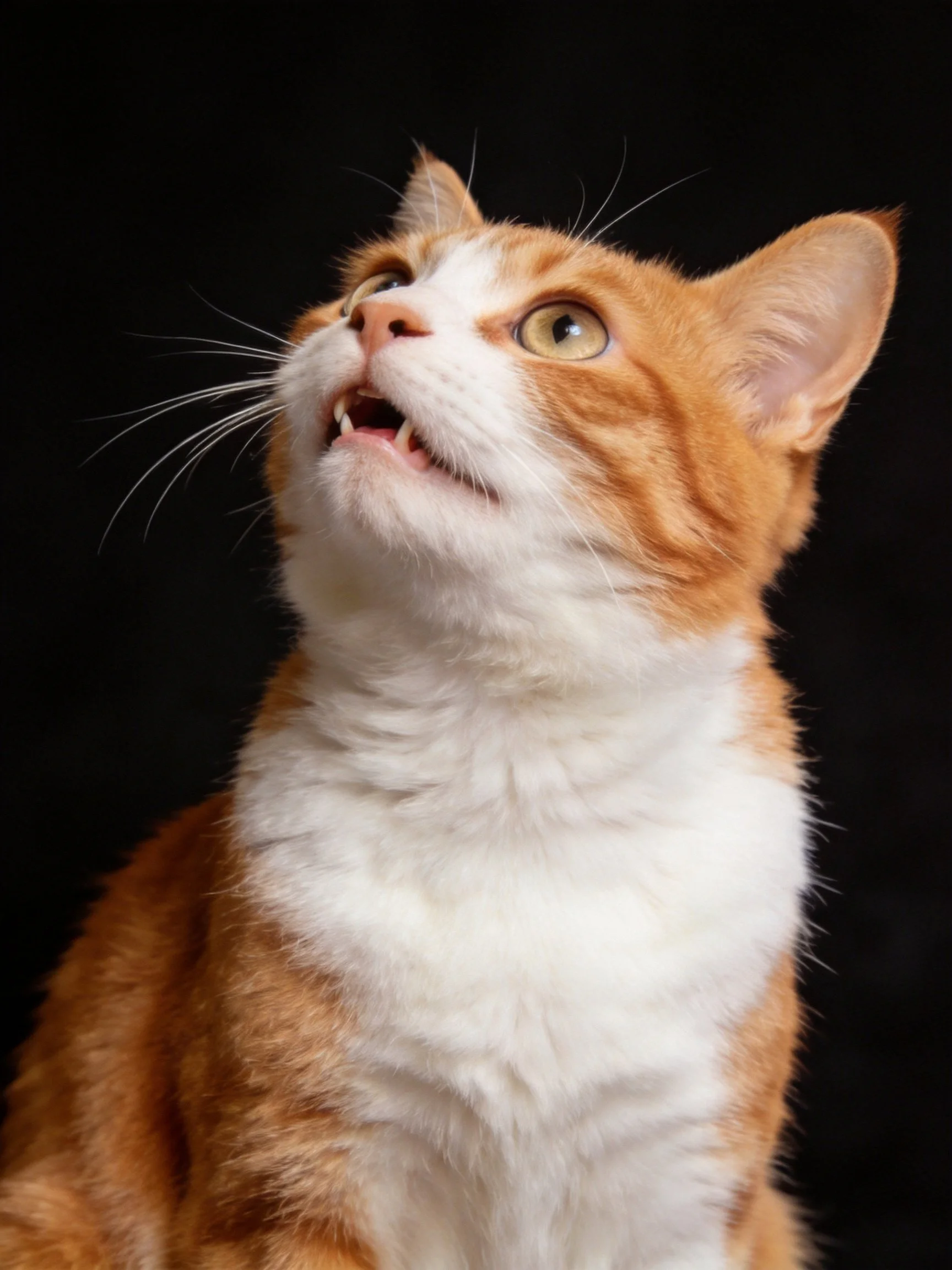 An orange and white cat gazes upward with a stark black background