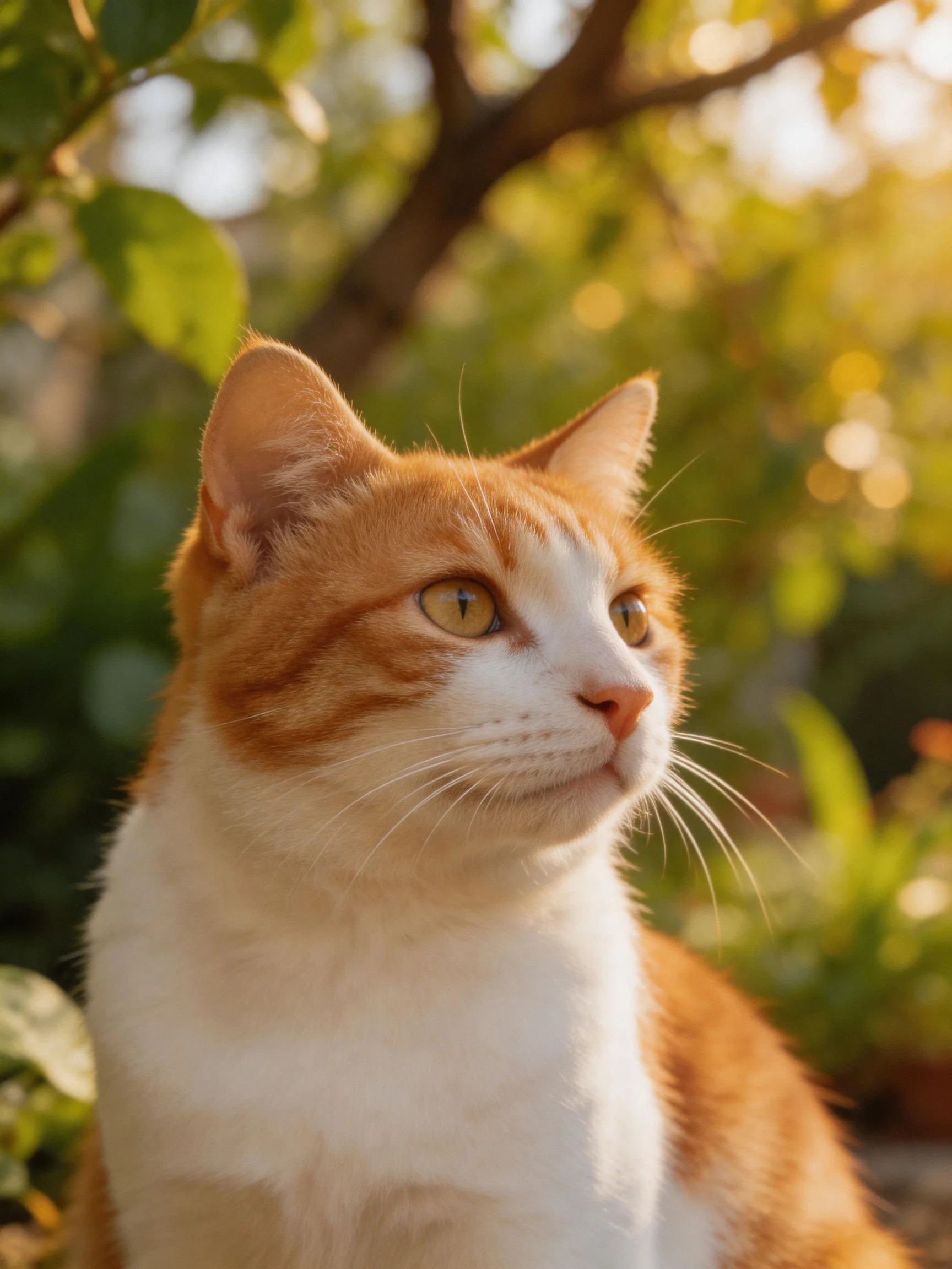 An orange and white cat gazing outdoors amid lush green foliage