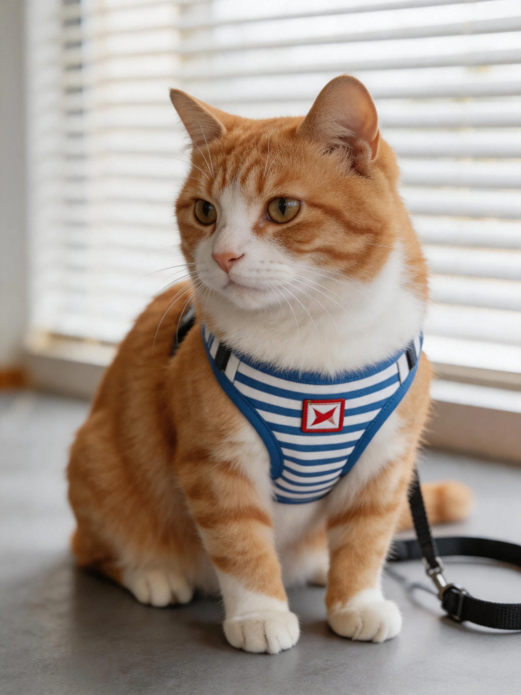 An orange and white cat sits calmly in a striped harness near window blinds.