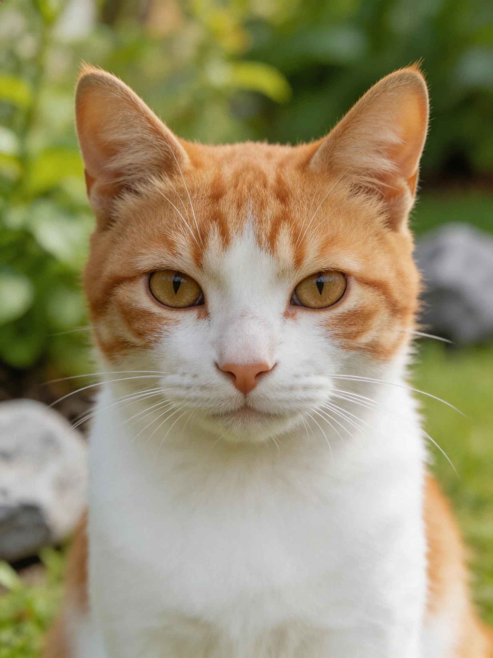 An orange and white cat is centered in a sunlit garden with greenery.