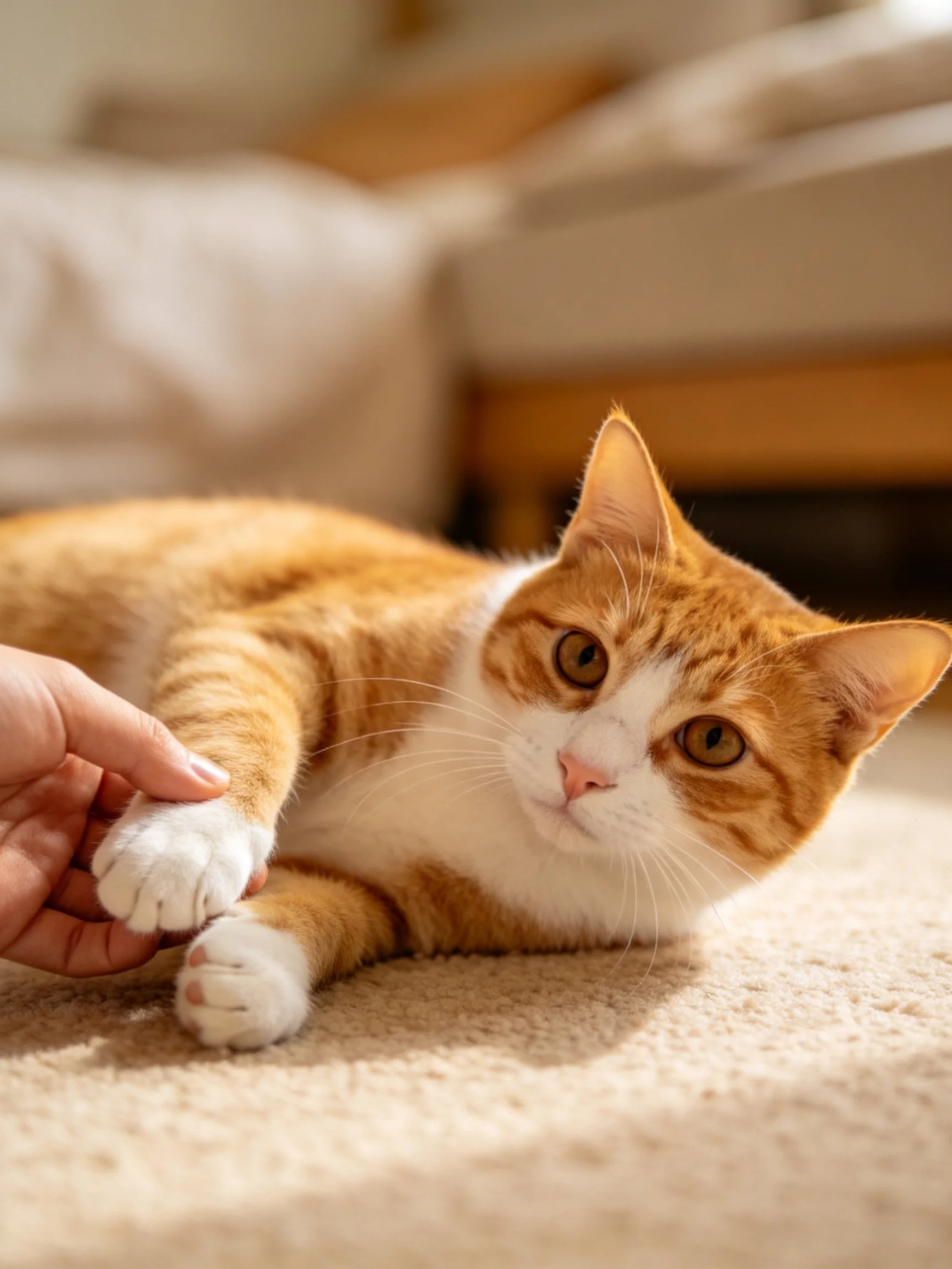 An orange and white cat interacts with a human hand while resting on a carpet.