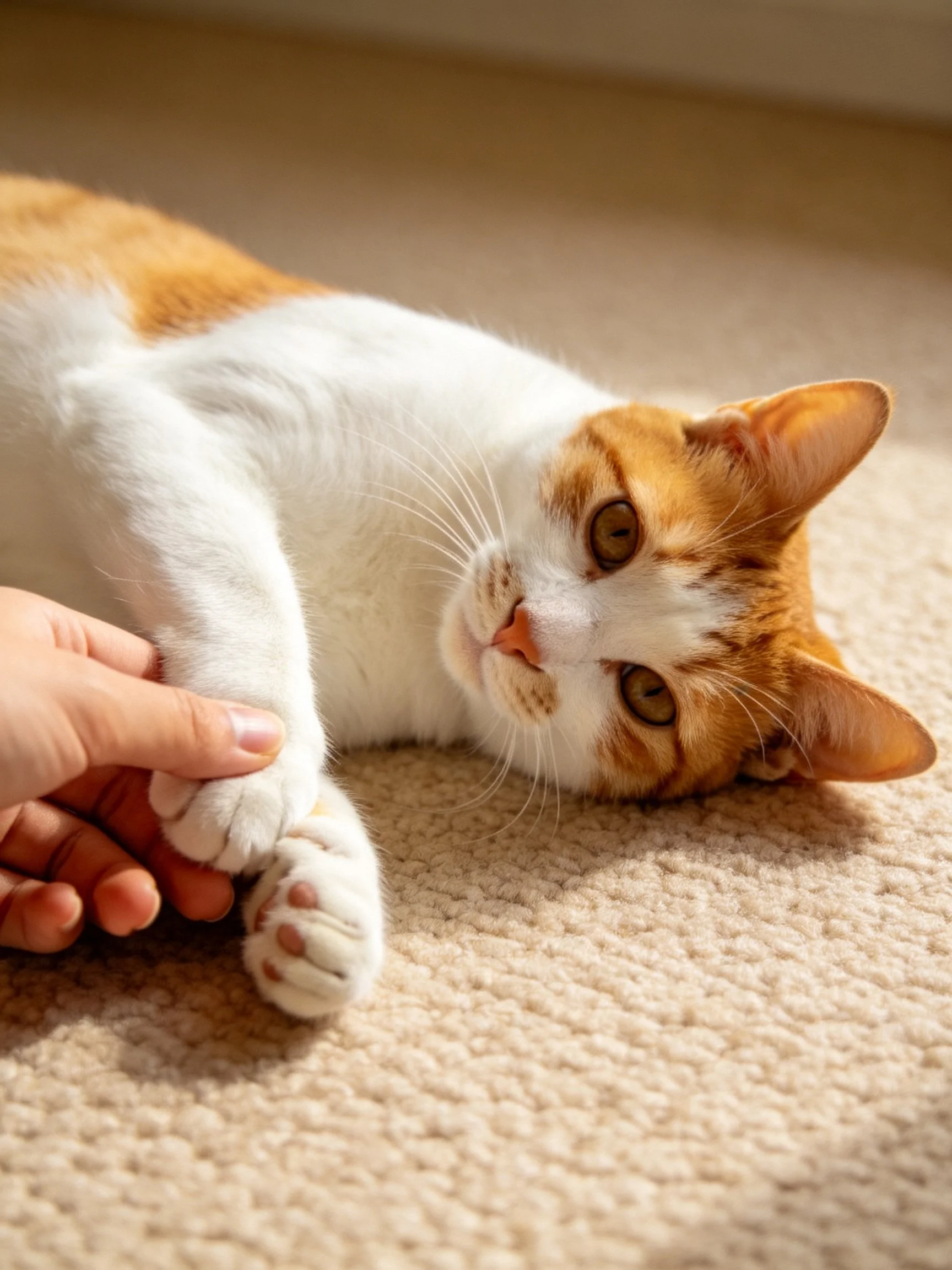 An orange and white cat lies on a beige carpet with a human hand touching its paw.