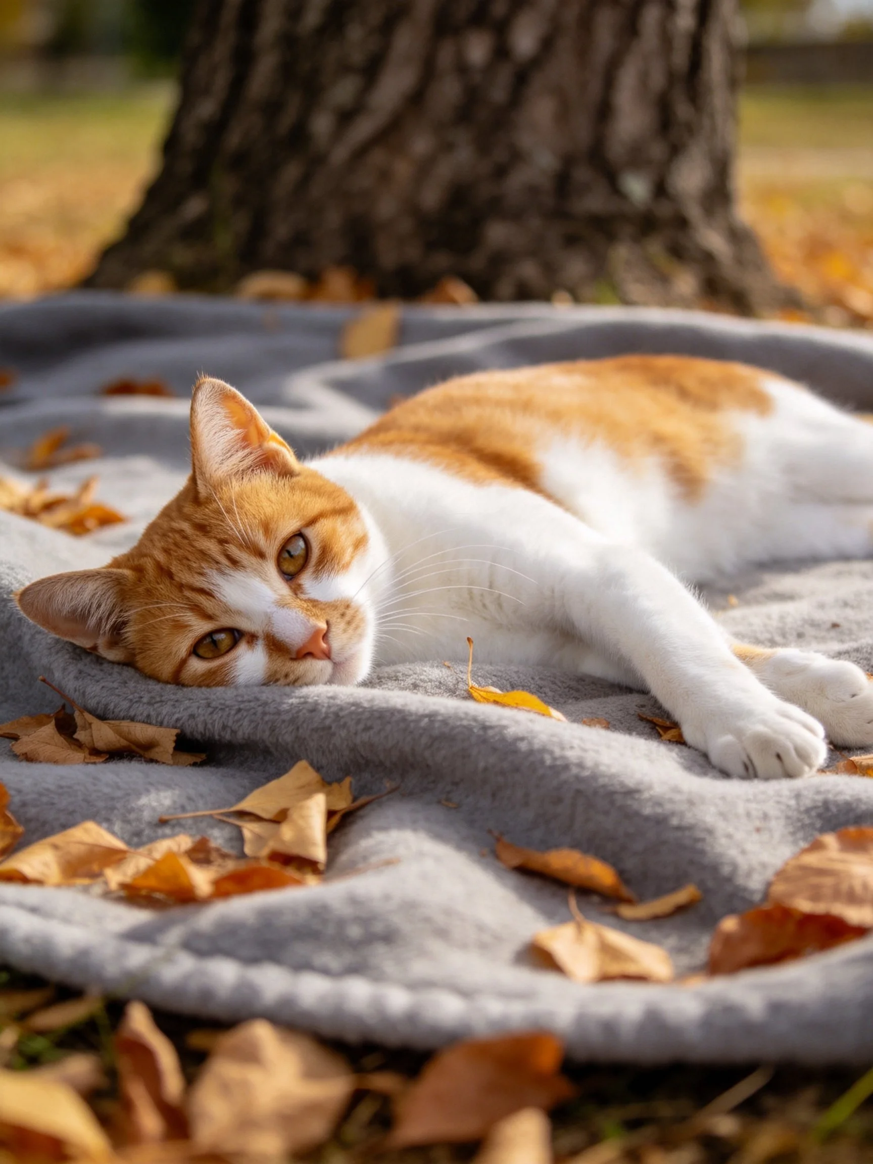 An orange-and-white cat relaxes on a gray blanket surrounded by autumn leaves outdoors