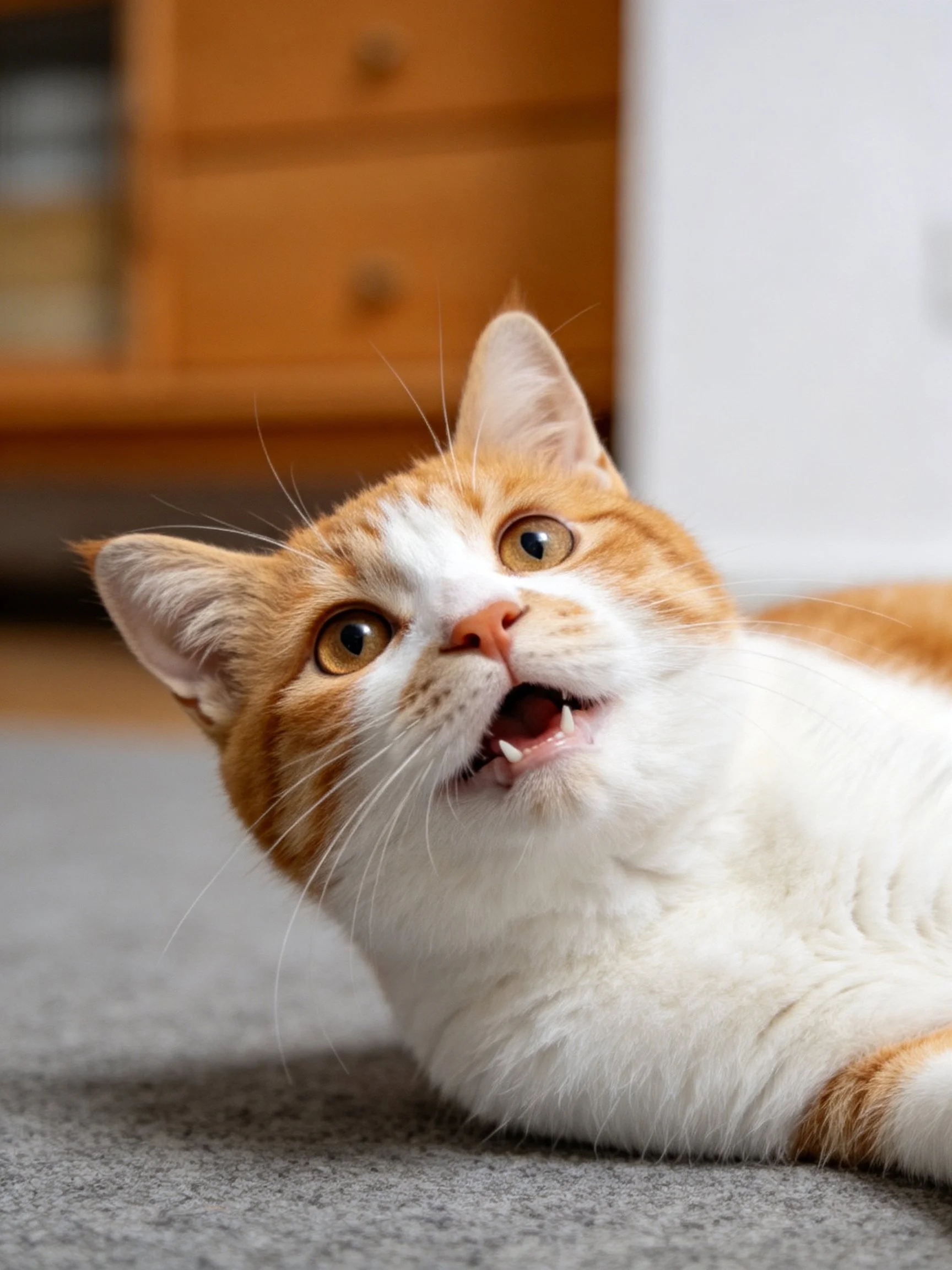 An orange and white cat rests on a gray carpet with wooden furniture in the background