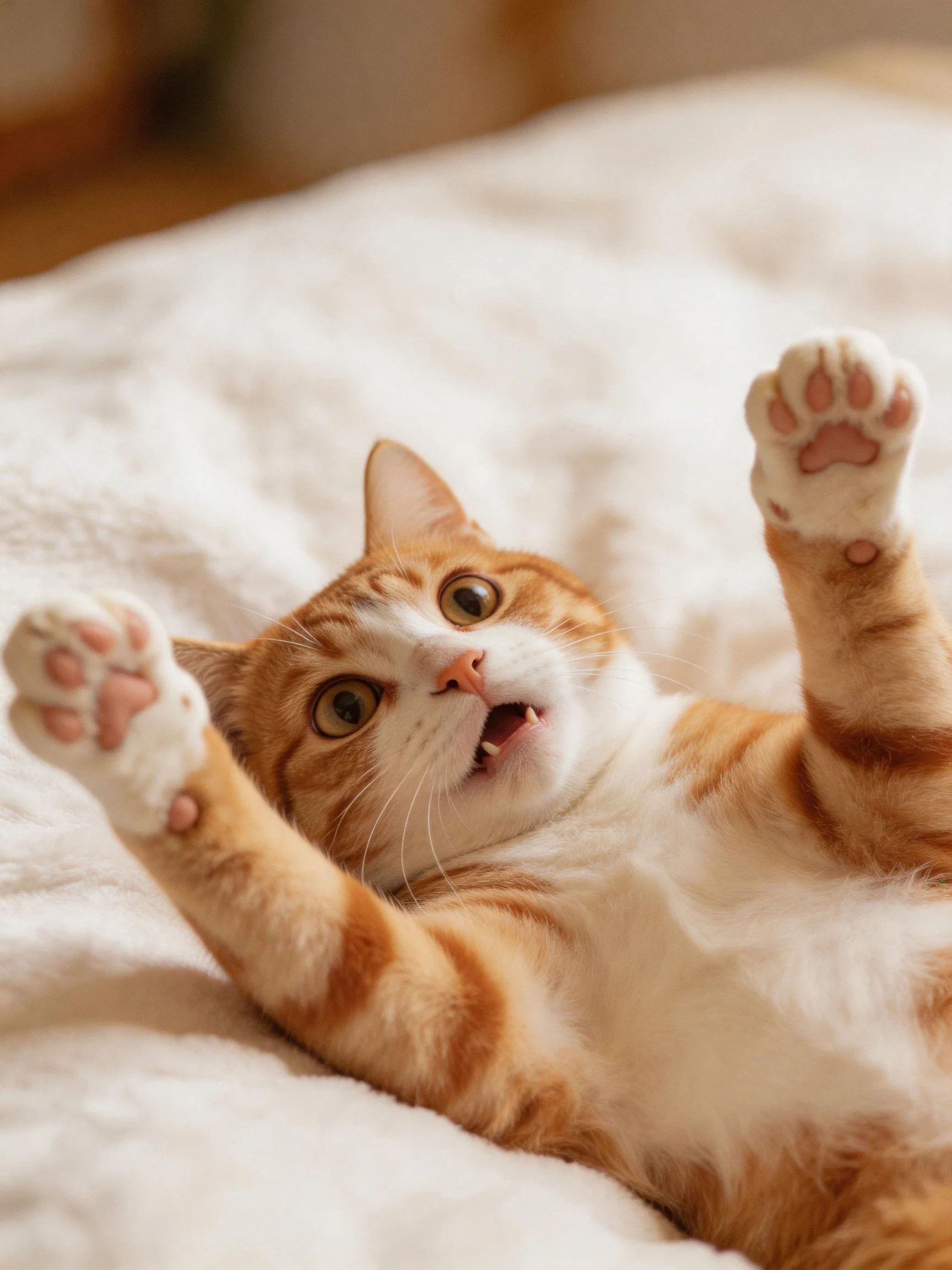 An orange and white cat lies on a bed with raised front paws