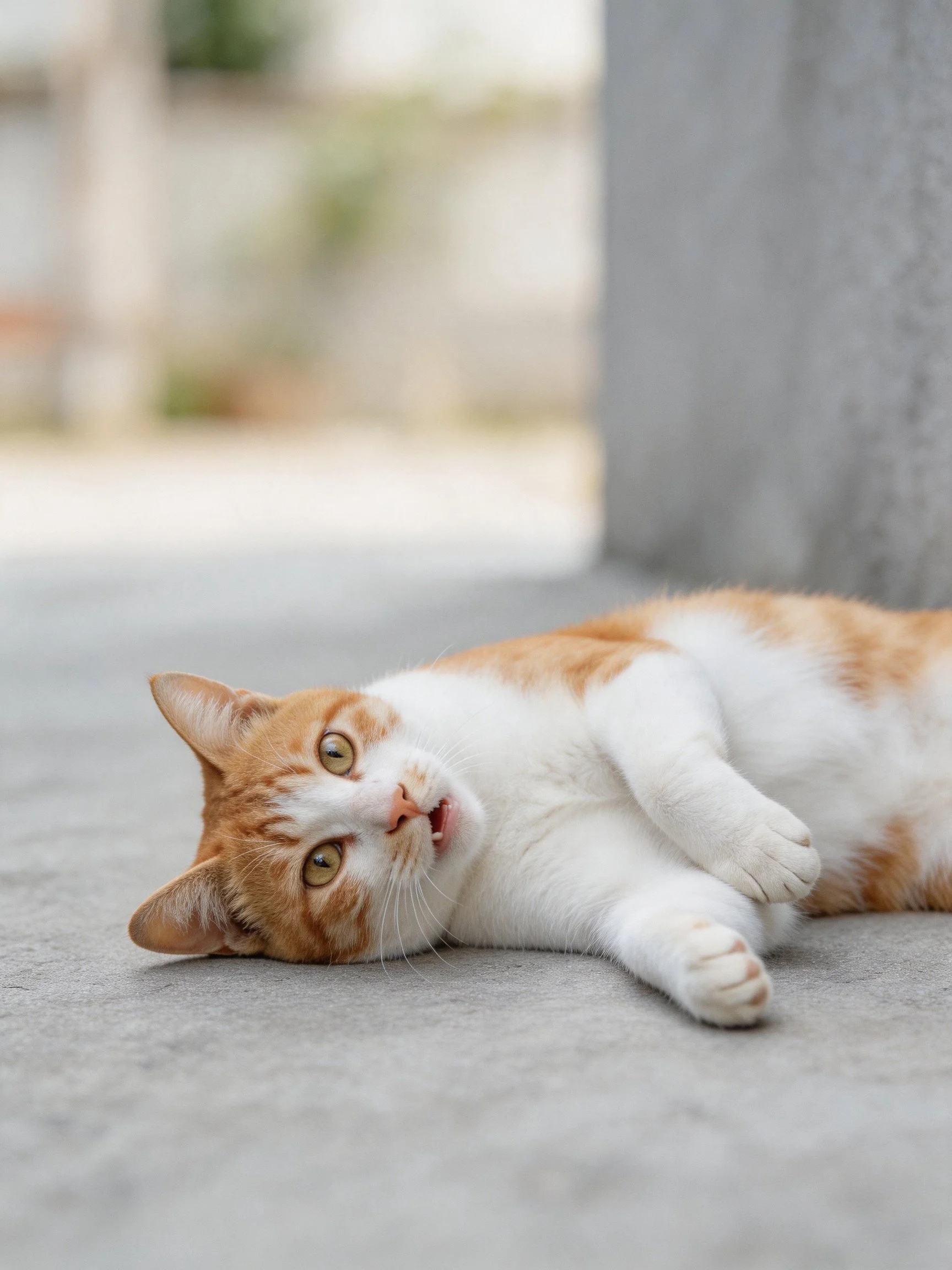 An orange and white cat lies relaxed on a smooth concrete surface
