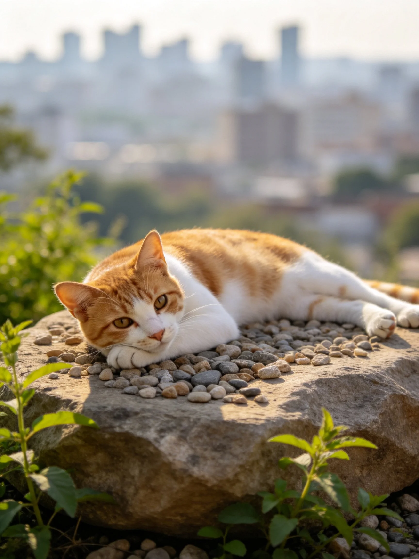 An orange and white cat relaxes on a pebble-strewn stone with greenery and a distant cityscape