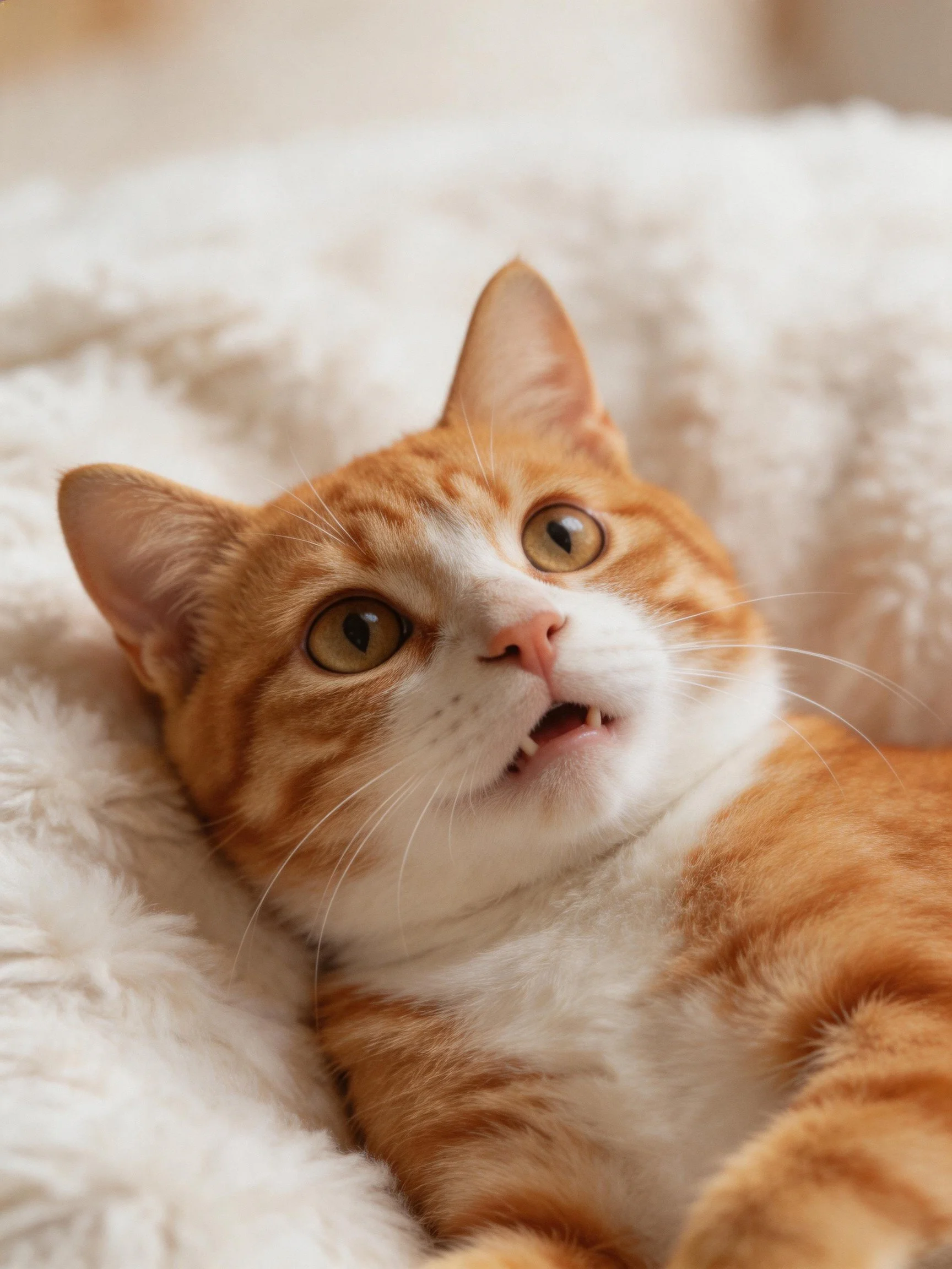 An orange and white cat lounges on a plush white blanket