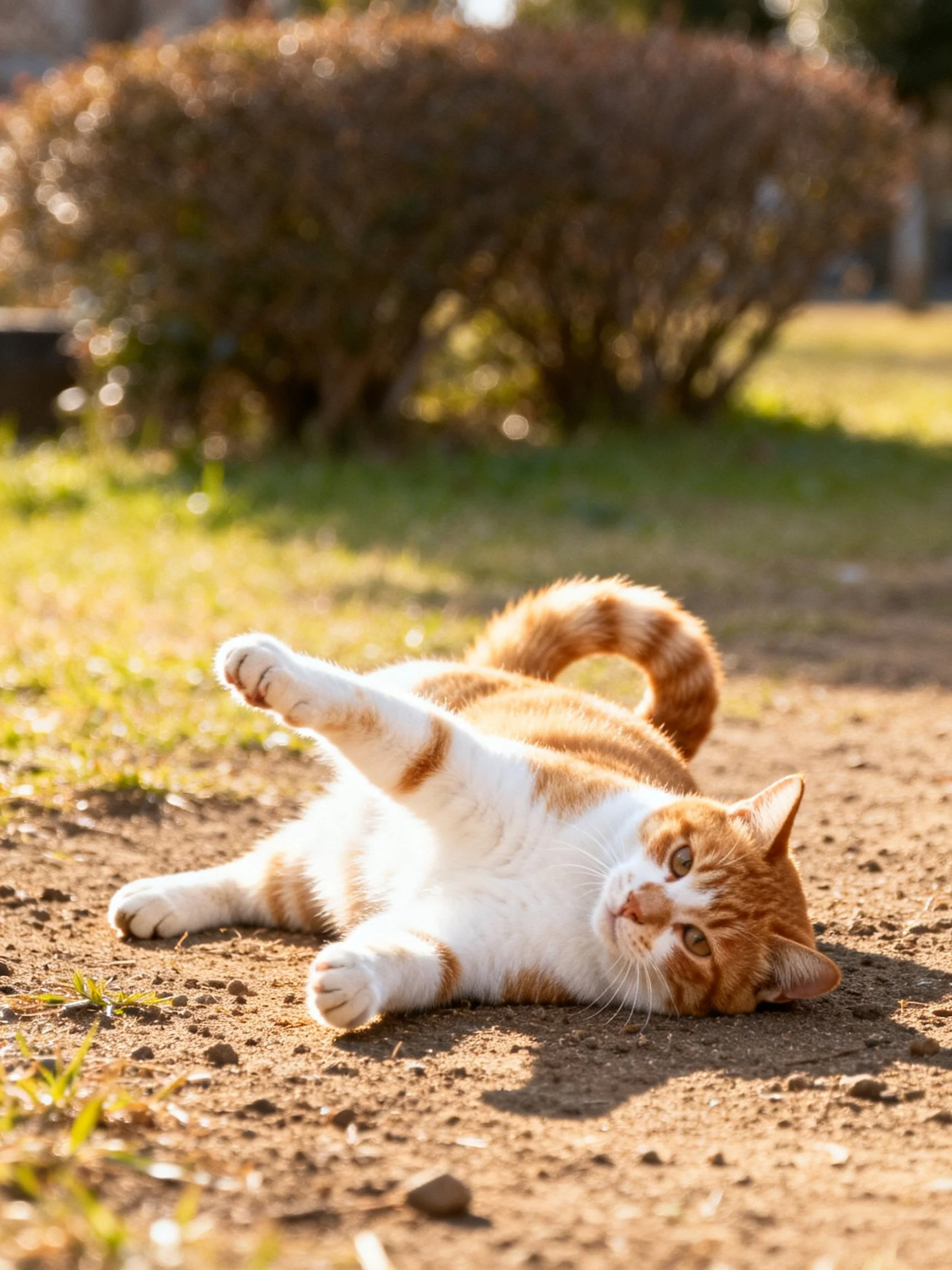 An orange and white cat relaxes on a sunlit dirt path surrounded by bushes