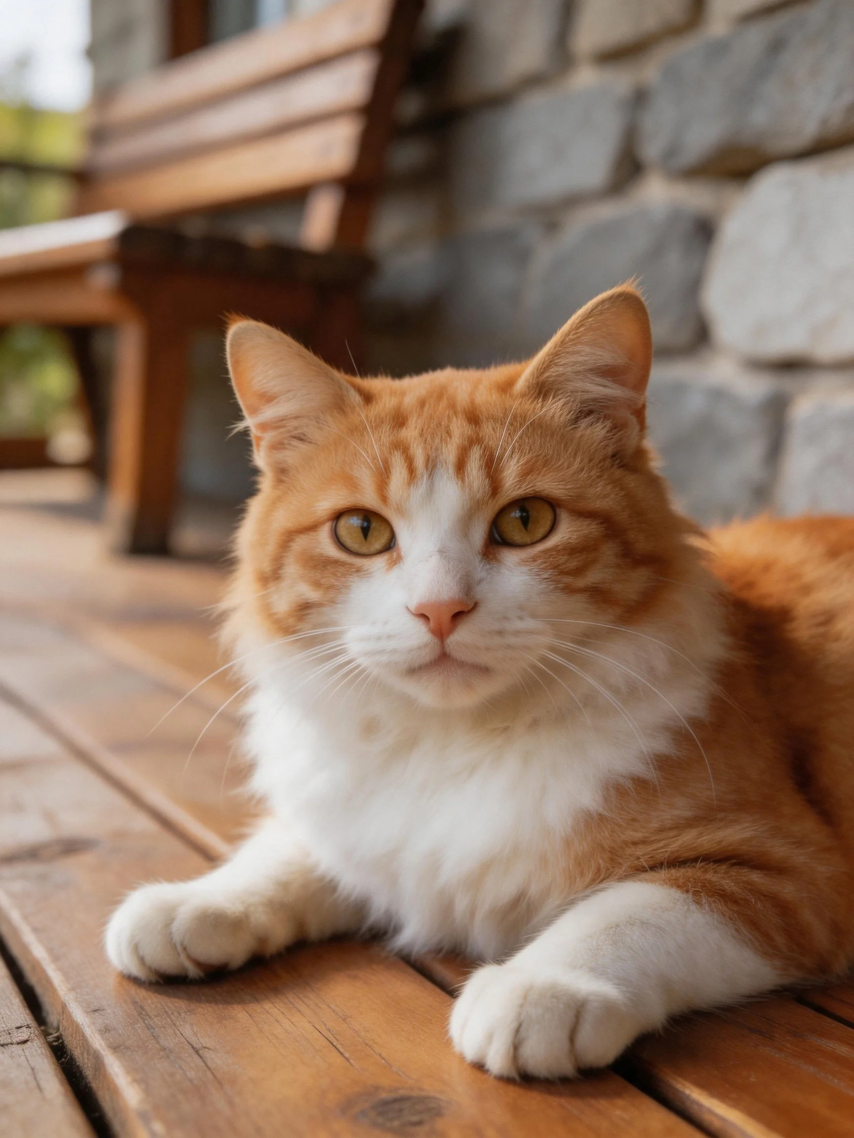An orange and white cat relaxes on a wooden deck outdoors.