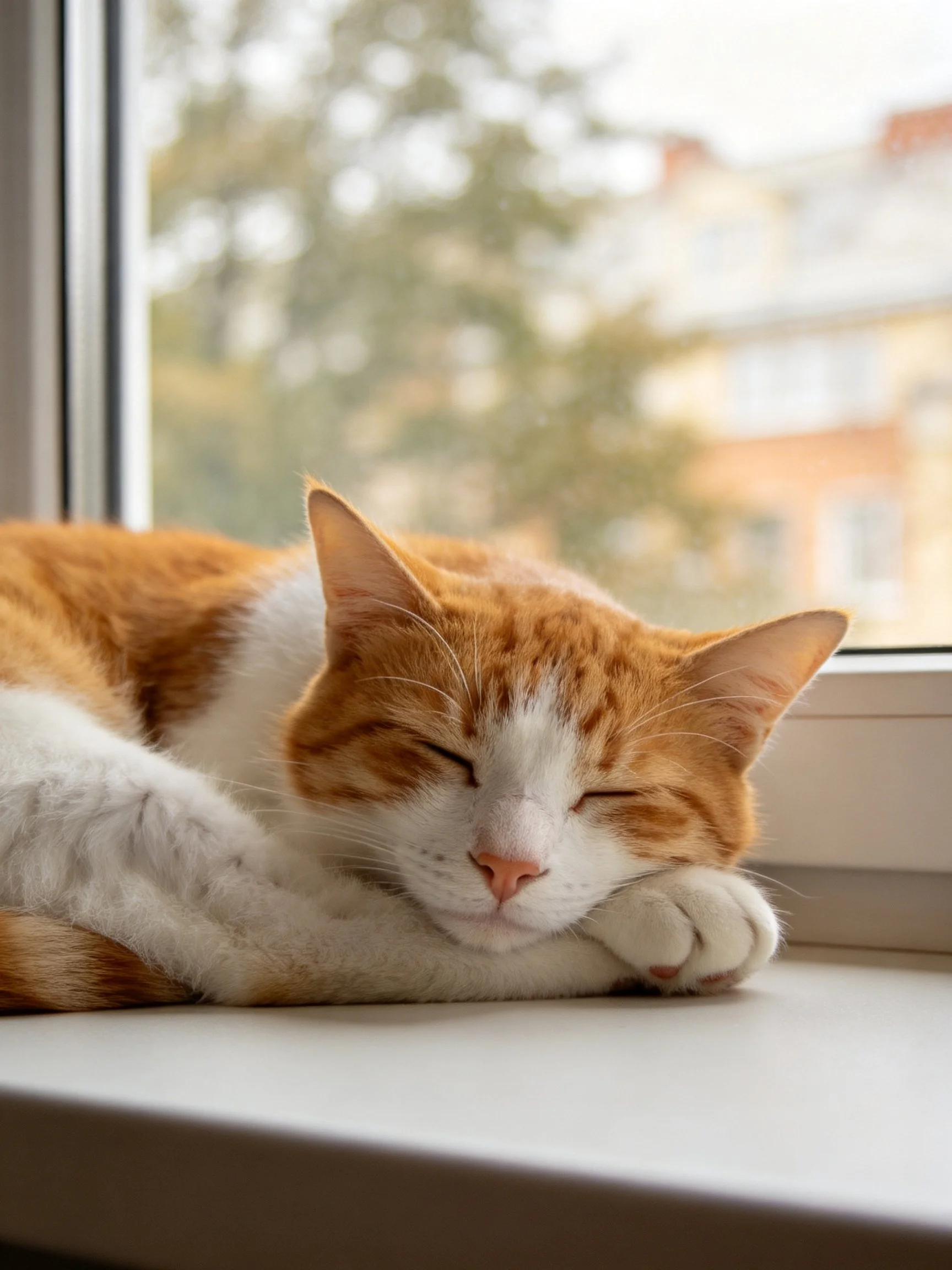 An orange and white cat napping by a bright window