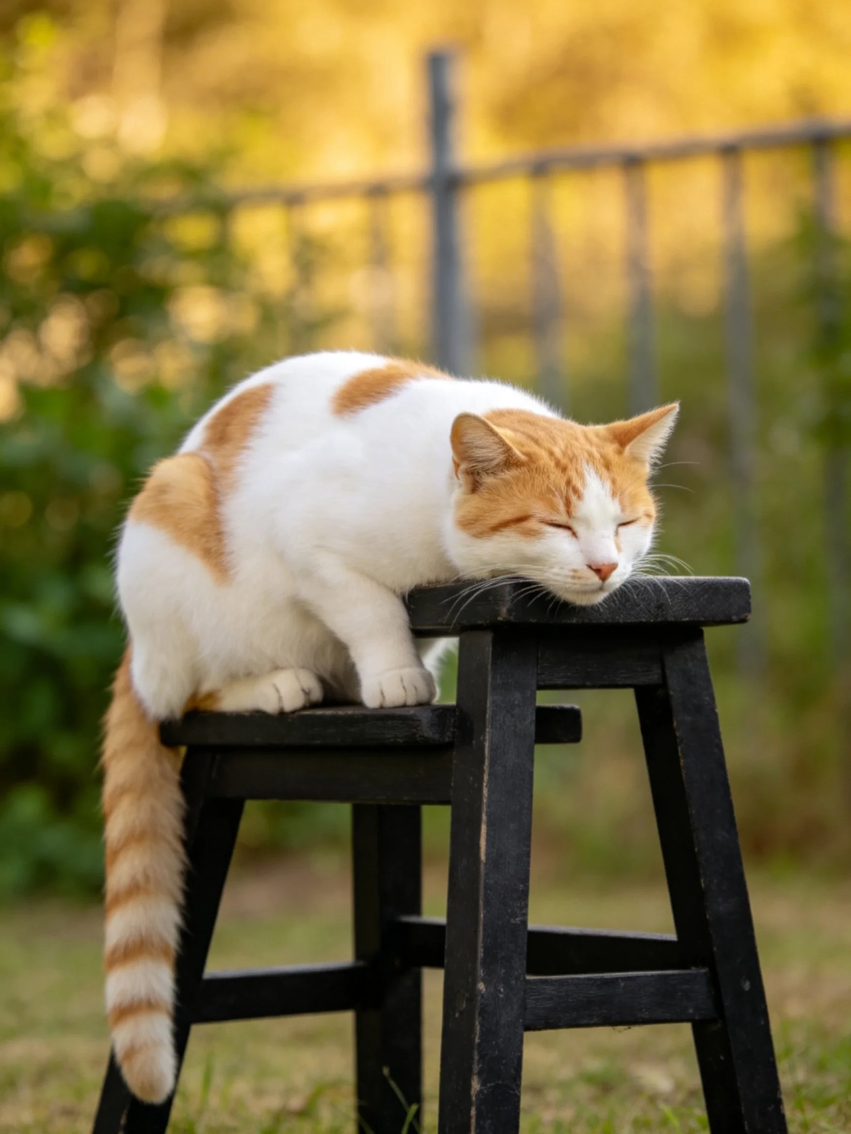 An orange and white cat rests on a black stool in an outdoor environment.