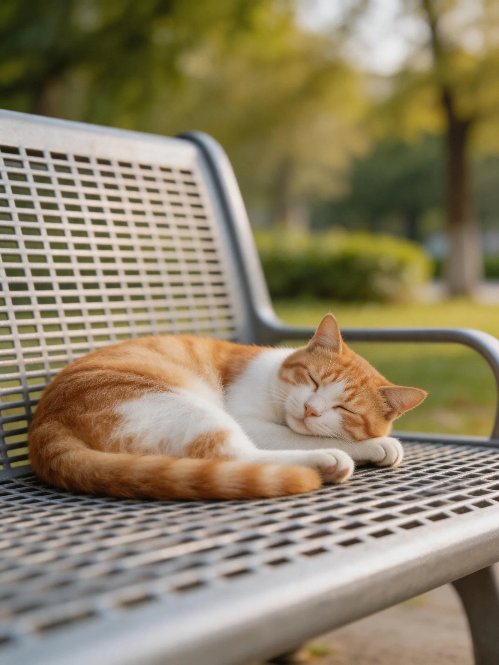 An orange and white cat napping on a metal park bench