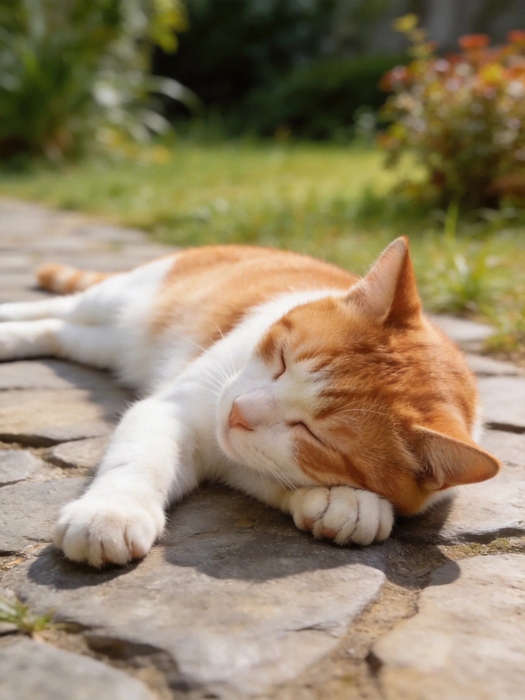 An orange and white cat napping on a stone path outdoors