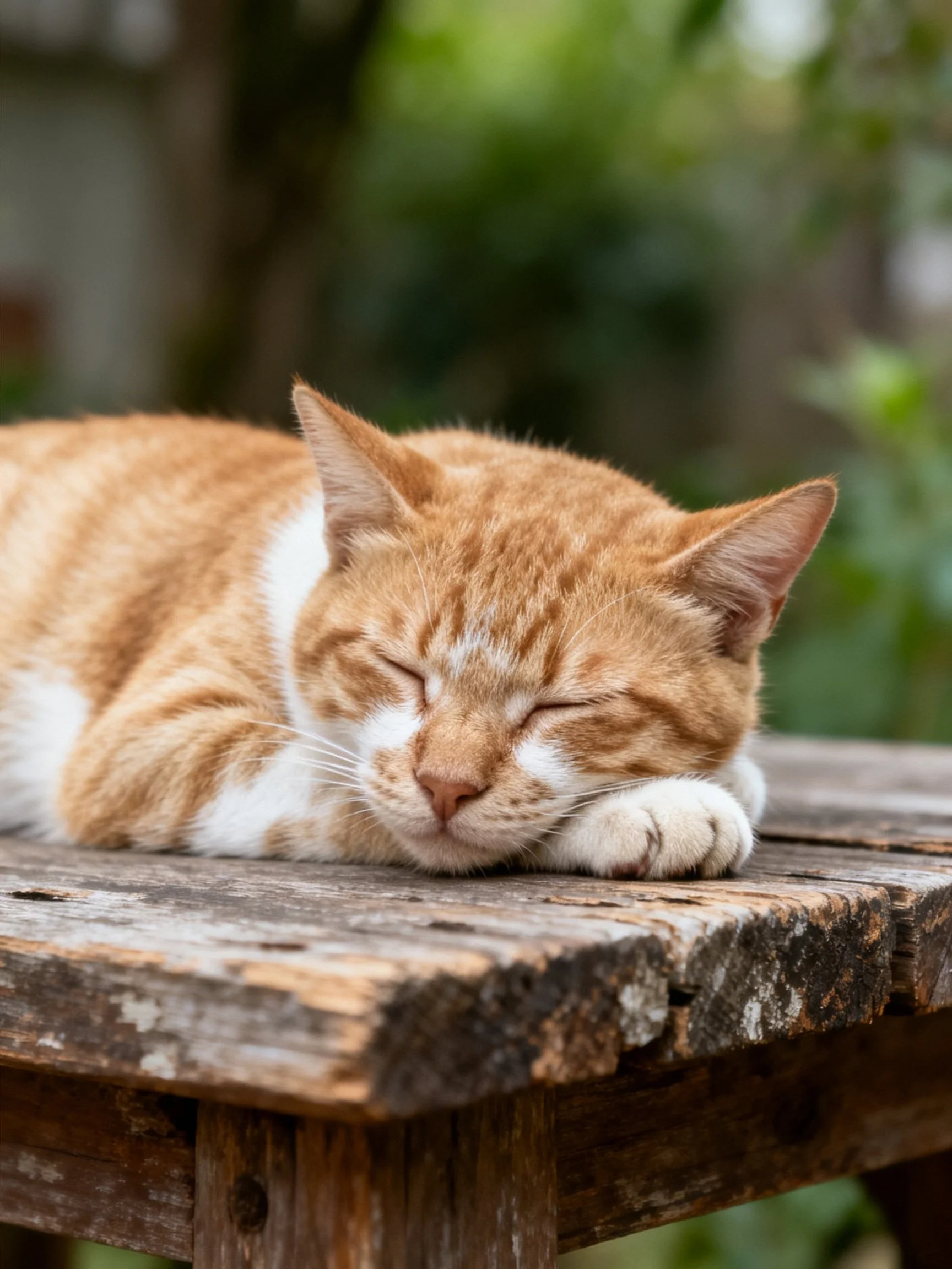 An orange and white cat sleeps on a rustic wooden table outdoors.