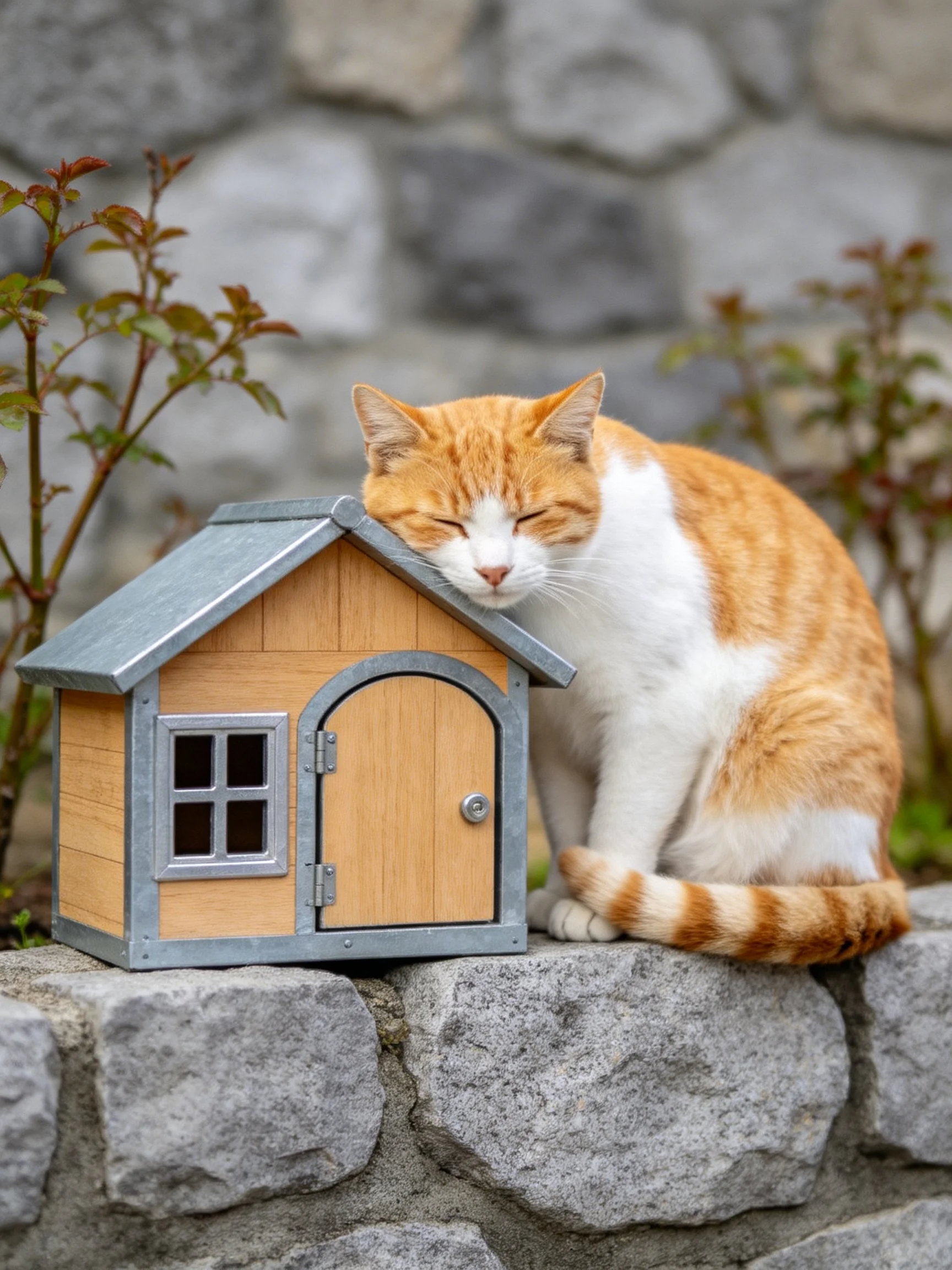 An orange and white cat naps beside a miniature wooden house on a stone wall.