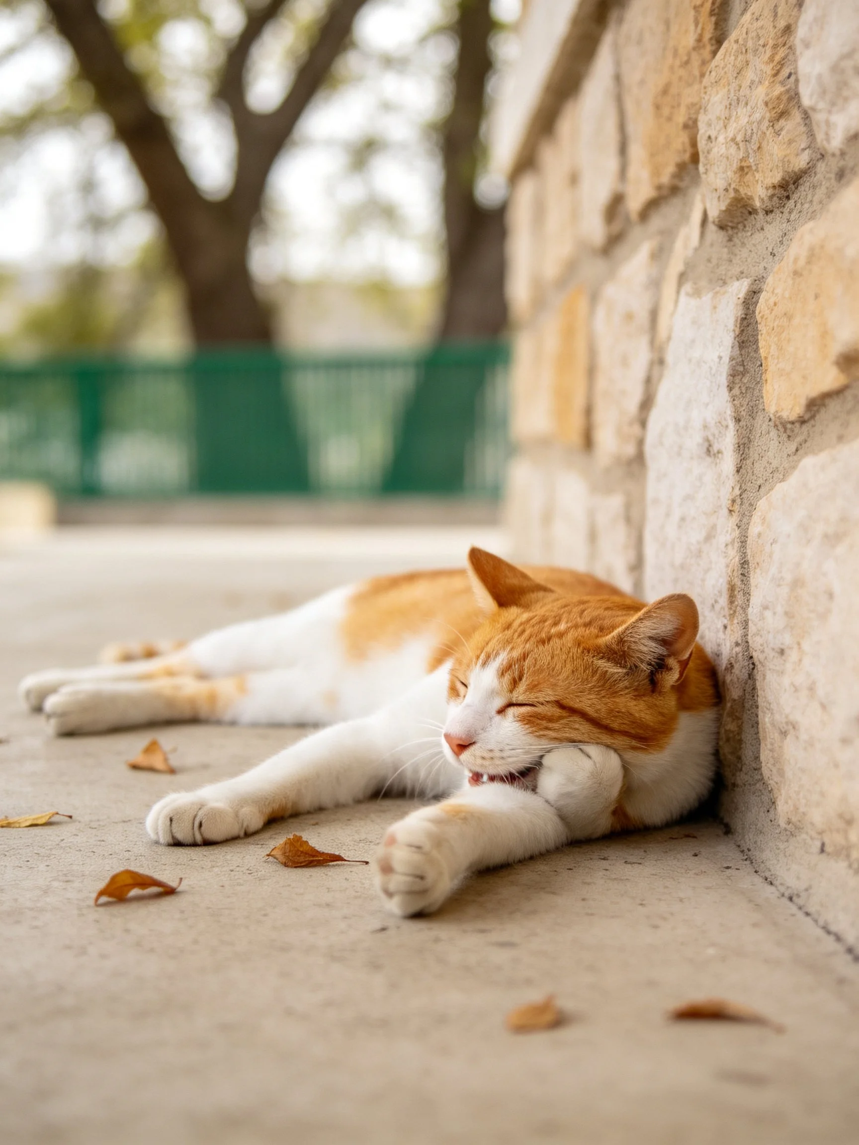 An orange-and-white cat naps by a stone wall with fallen leaves