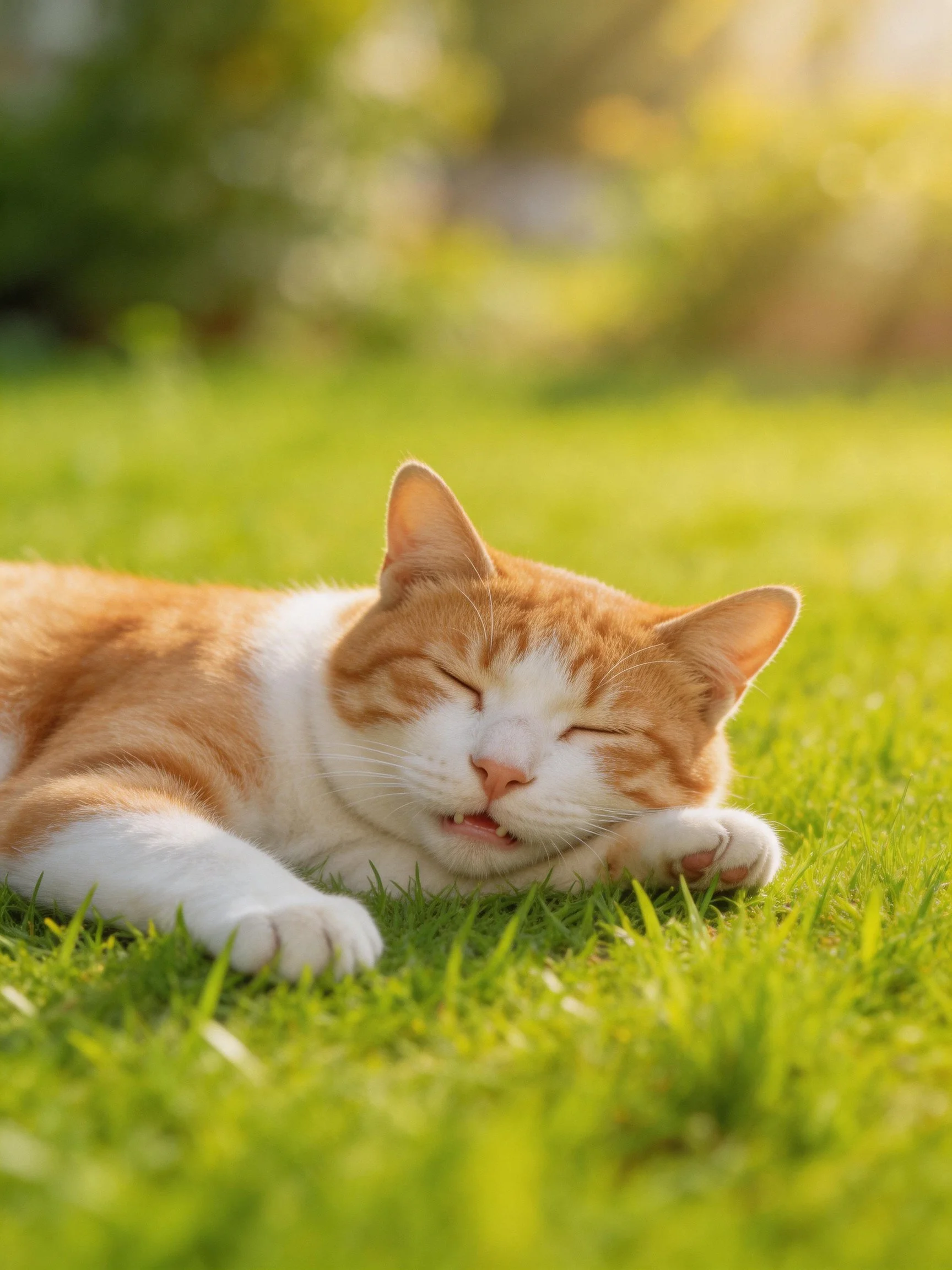 An orange and white cat naps contentedly on vibrant green grass