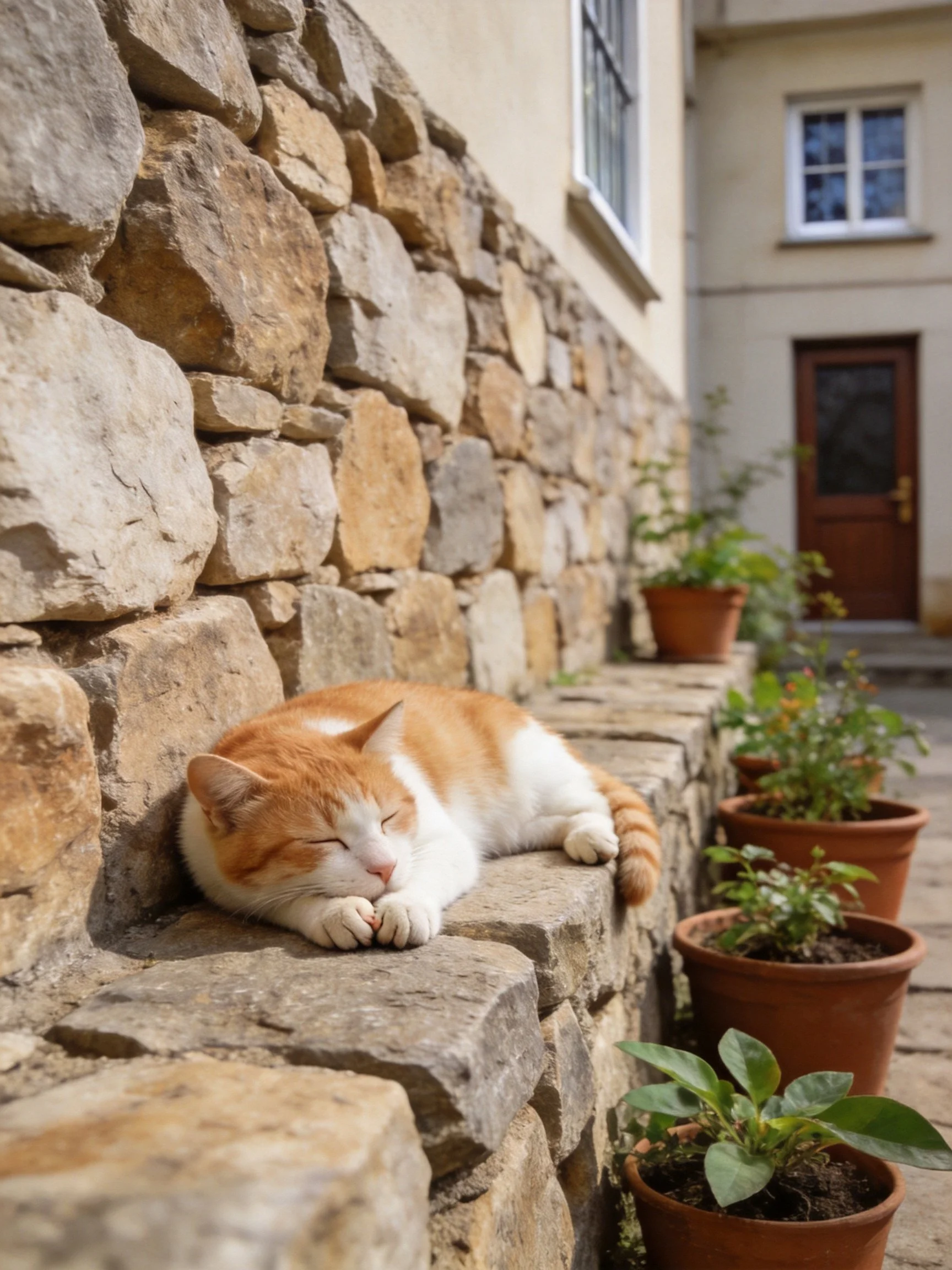 An orange-and-white cat naps on a stone wall beside terracotta pots