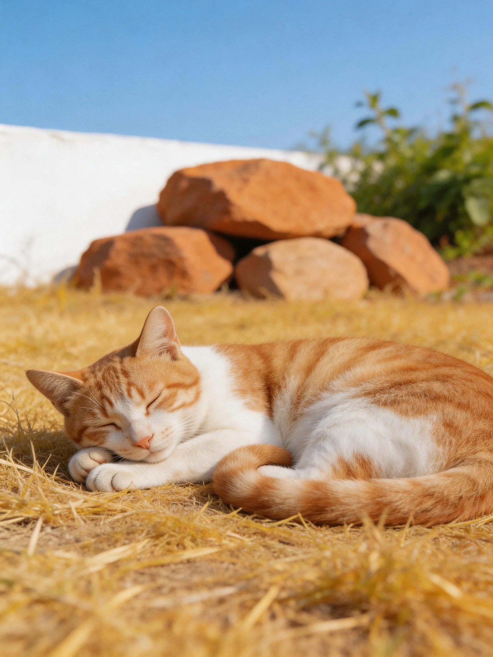 An orange and white cat naps on dry grass near large brown rocks