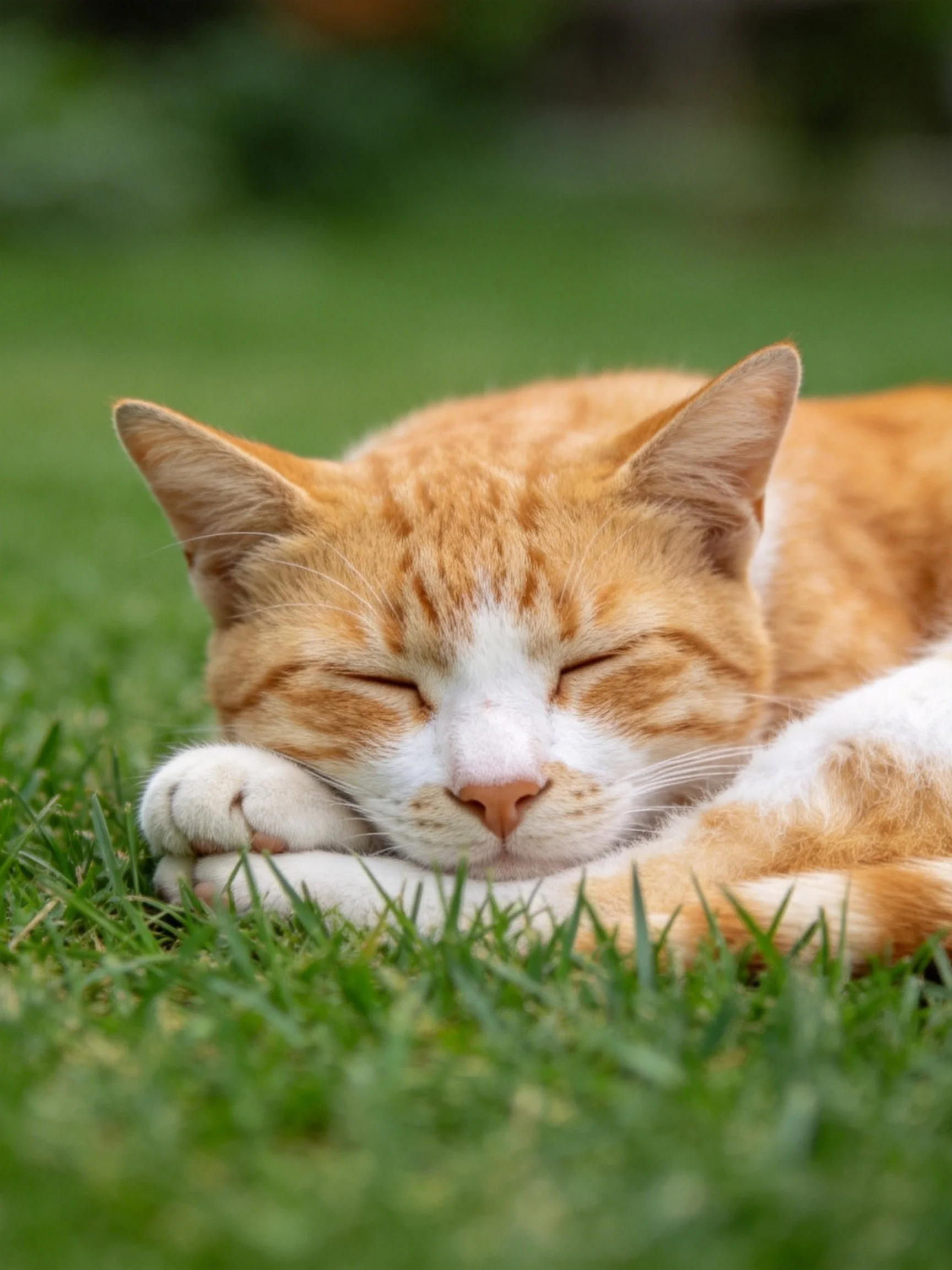 An orange and white cat naps on lush green grass