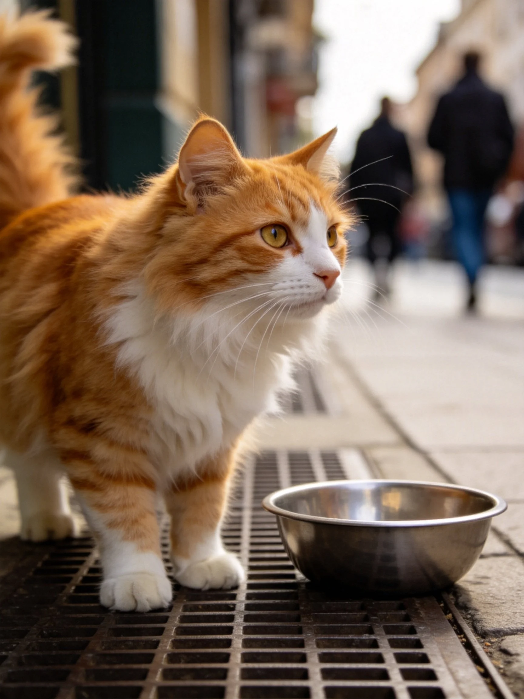 An orange and white cat near a metal bowl on a city sidewalk