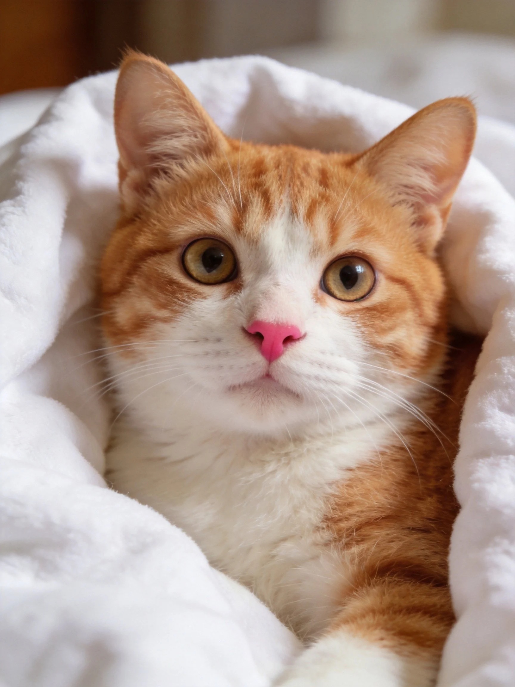 An orange and white cat rests comfortably within a white blanket.