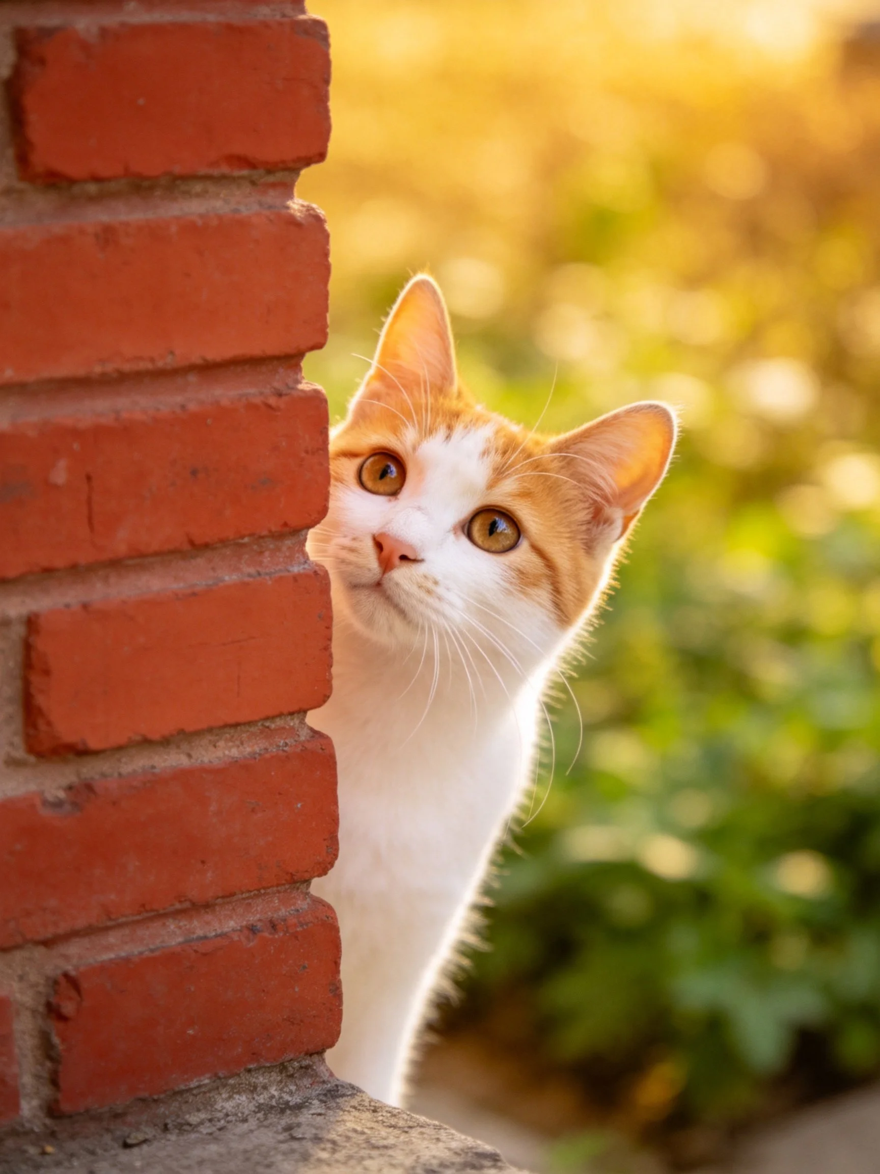 An orange-and-white cat peeks from a red brick wall under golden sunlight