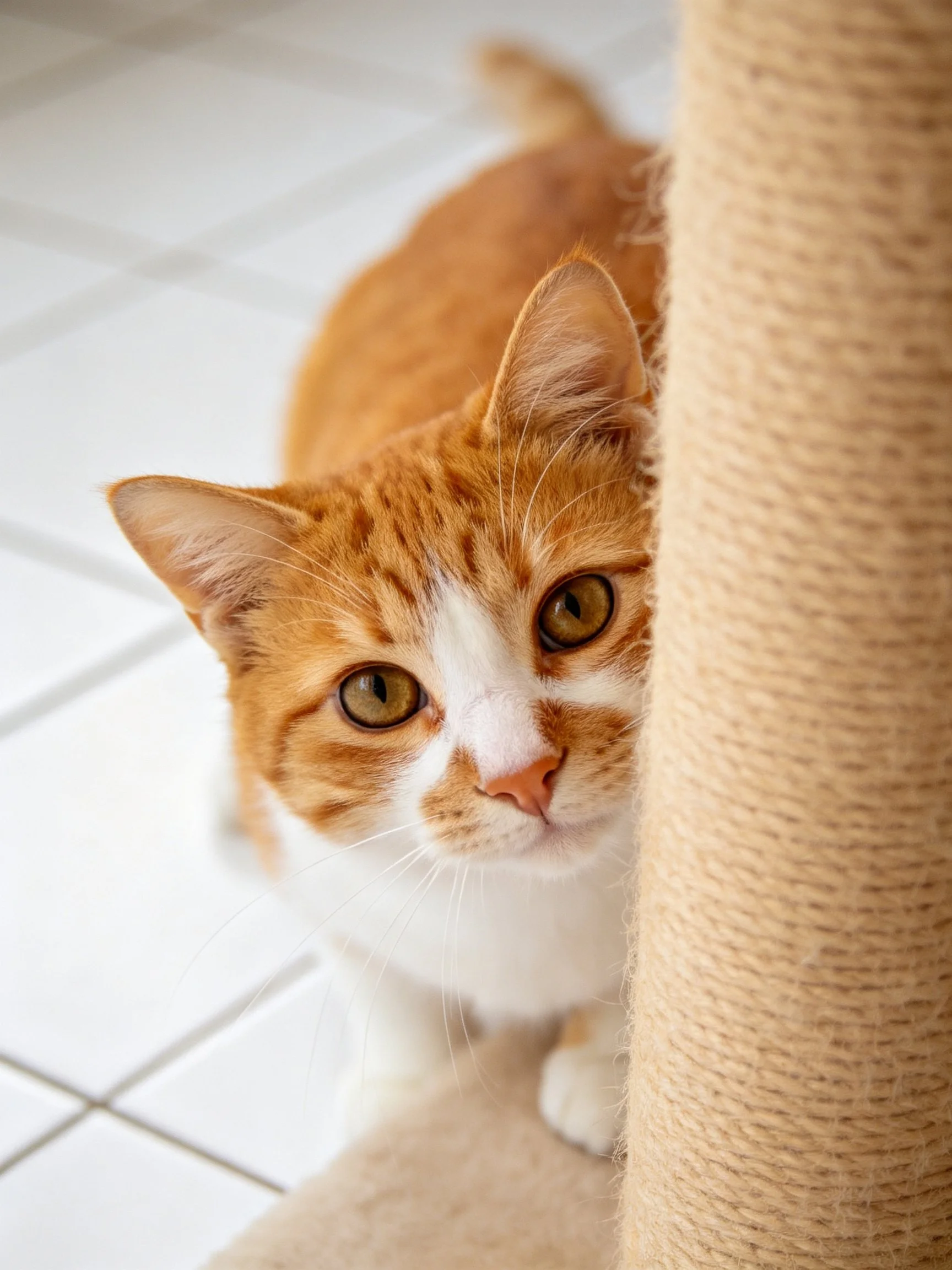 An orange and white cat partially hides behind a scratching post indoors.