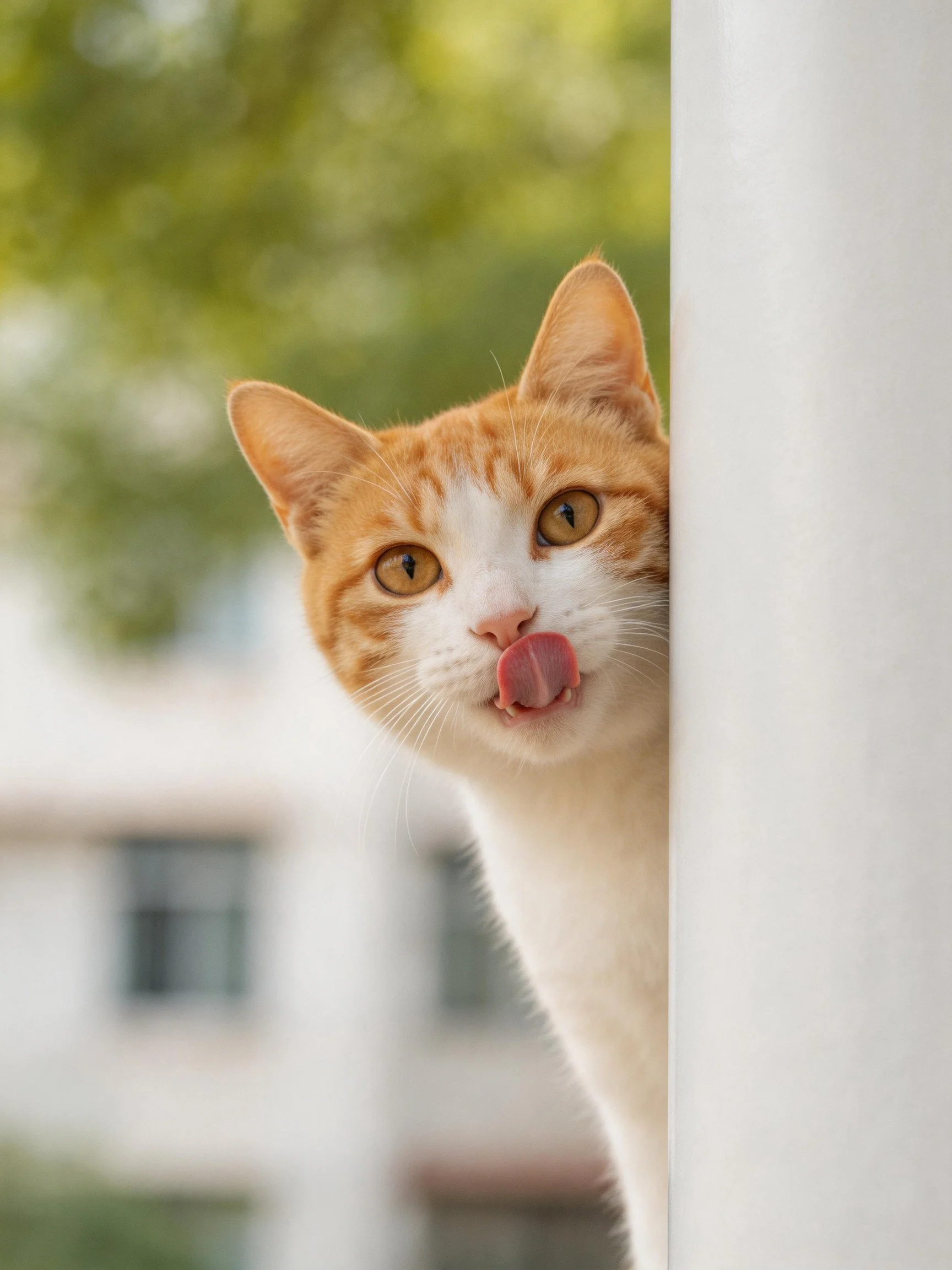 An orange and white cat peeks playfully near a white structure.