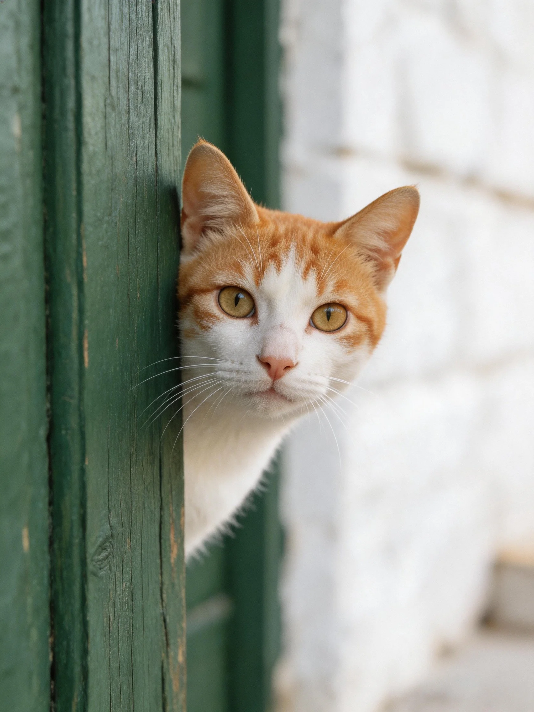 An orange and white cat peeks from behind weathered green wood.
