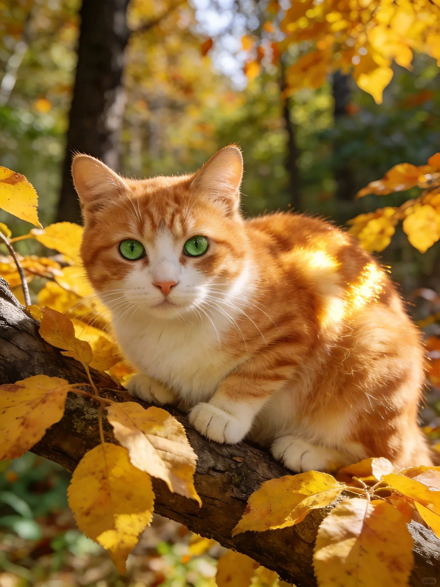 An orange-and-white cat sits on a tree branch among golden autumn leaves.