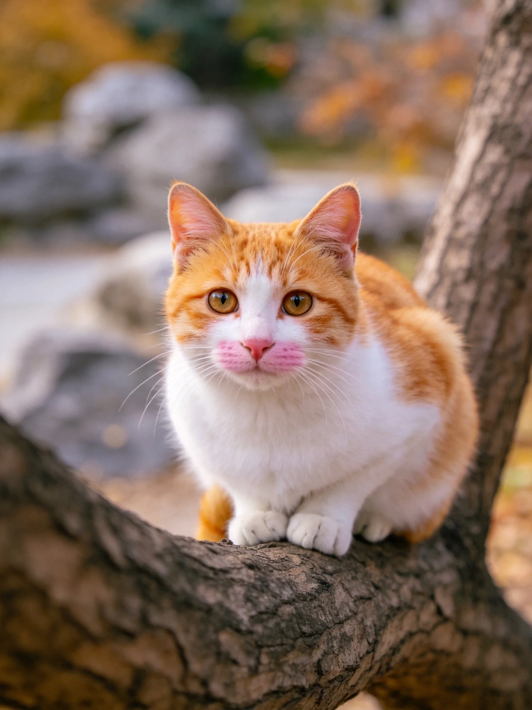 An orange and white cat sits on a tree branch in a softly blurred natural setting.