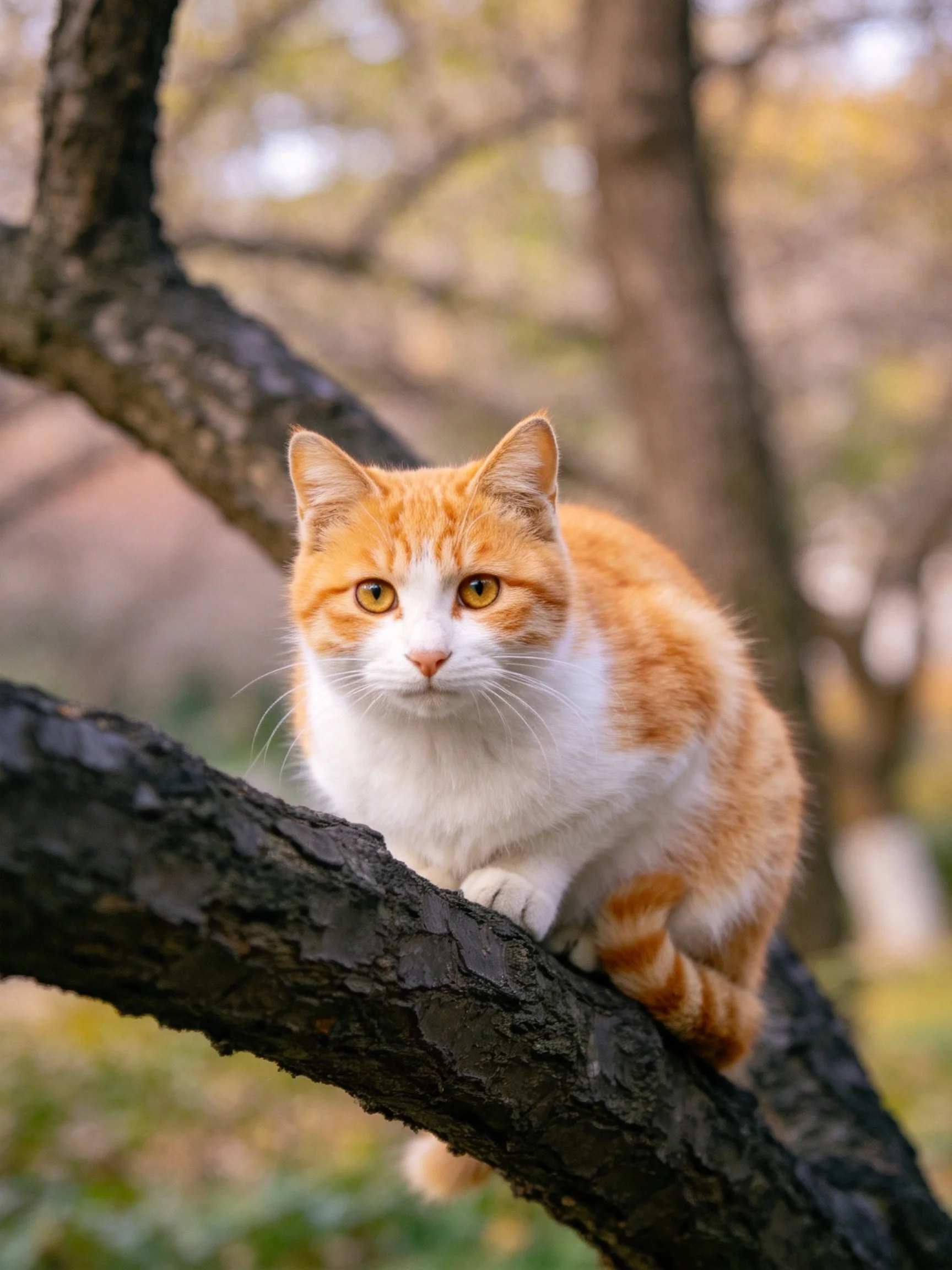 An orange and white cat rests on a dark tree branch in a wooded setting.