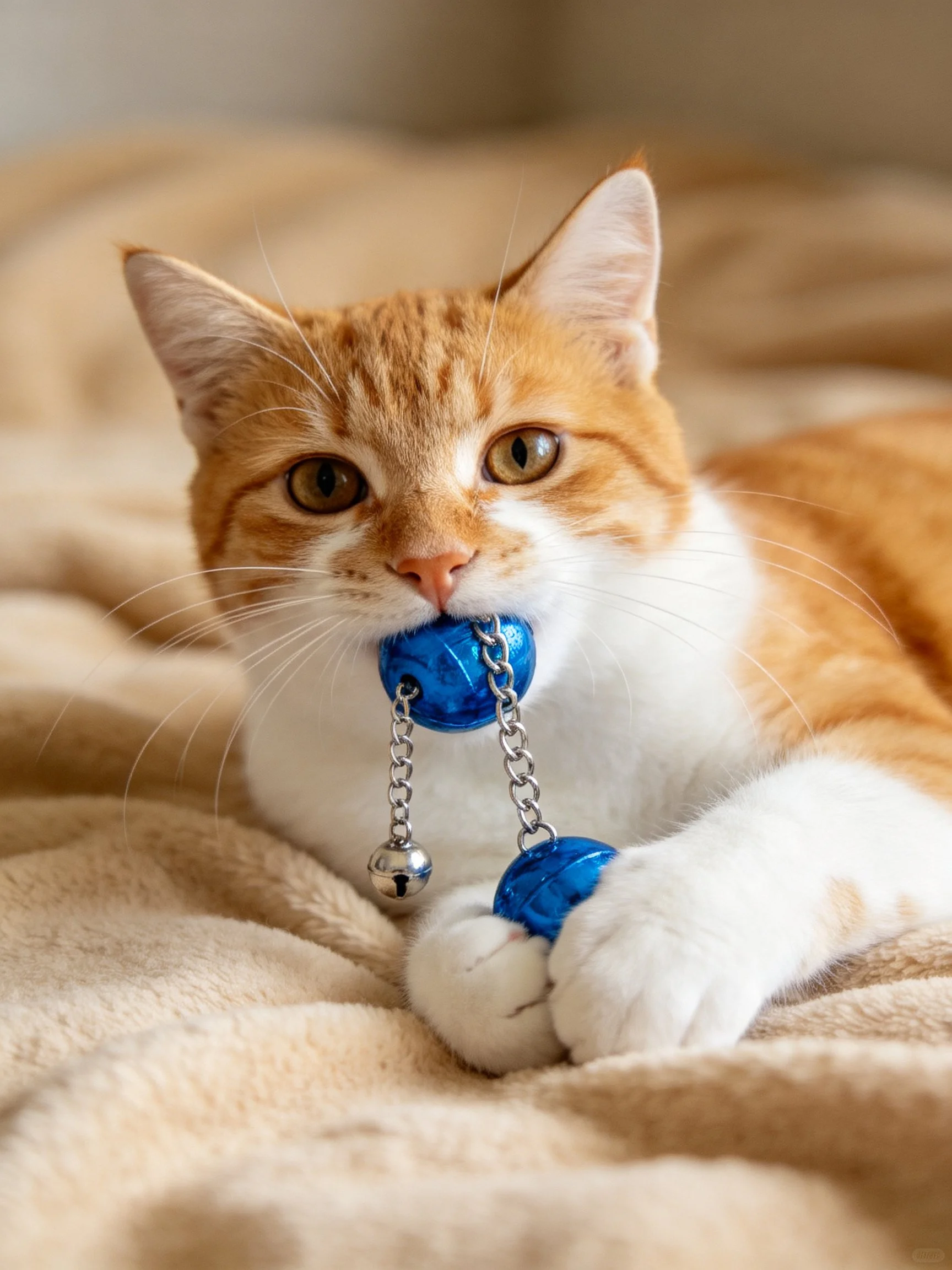 An orange and white cat plays with a blue bell toy on a beige blanket