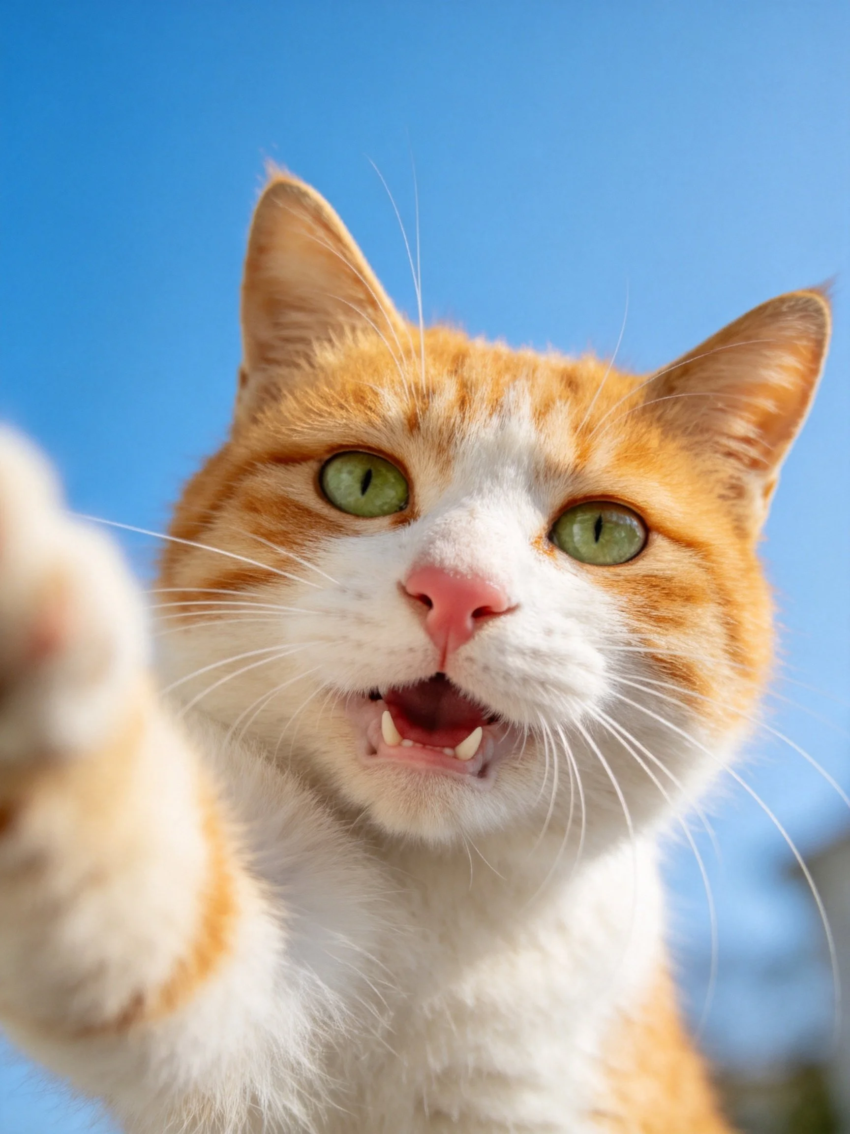 An orange and white cat reaches toward the camera under clear blue sky