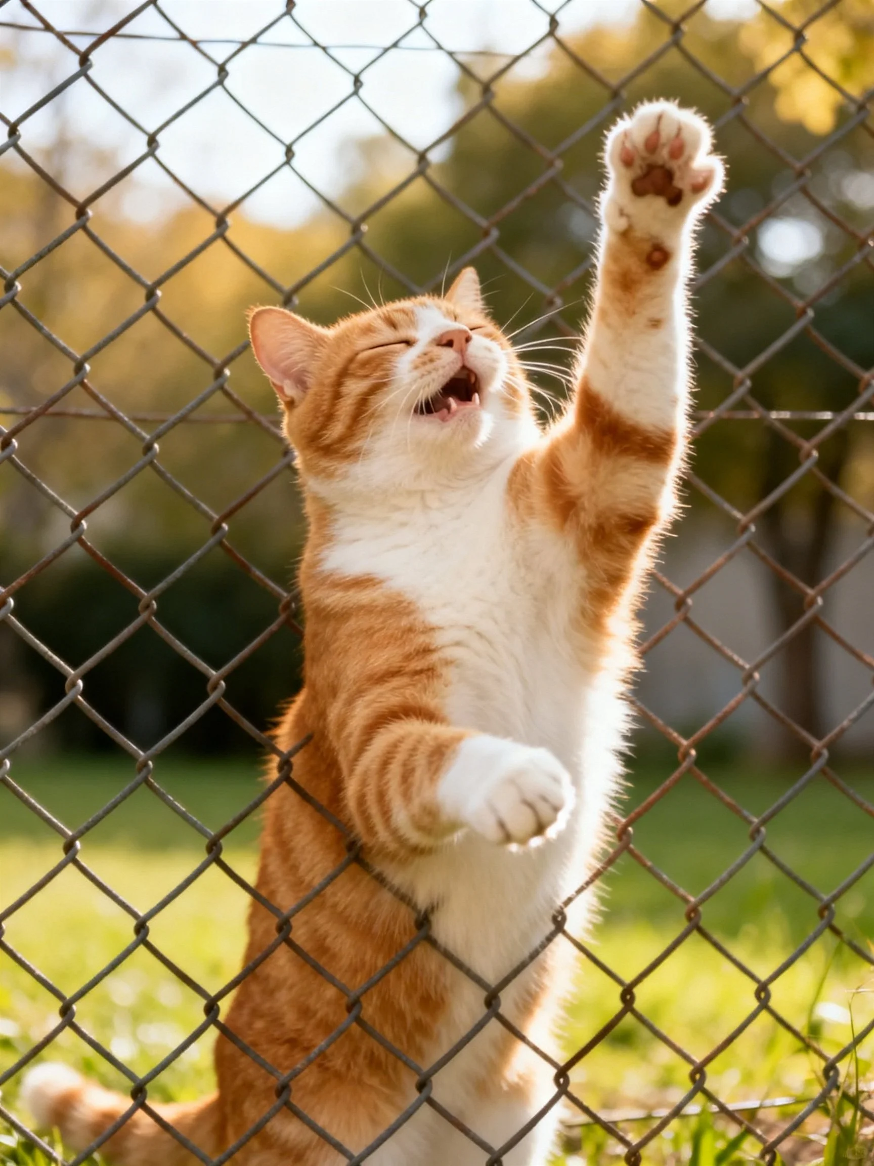 An orange and white cat interacts with a chain-link fence outdoors.