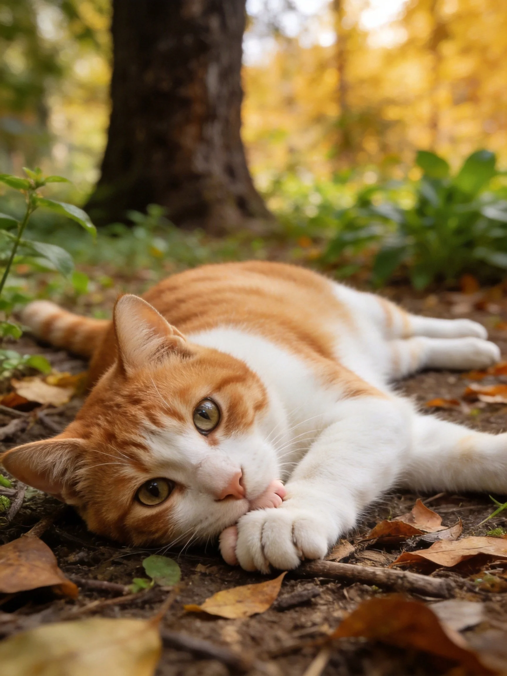 An orange and white cat relaxes amid autumn leaves by a tree.