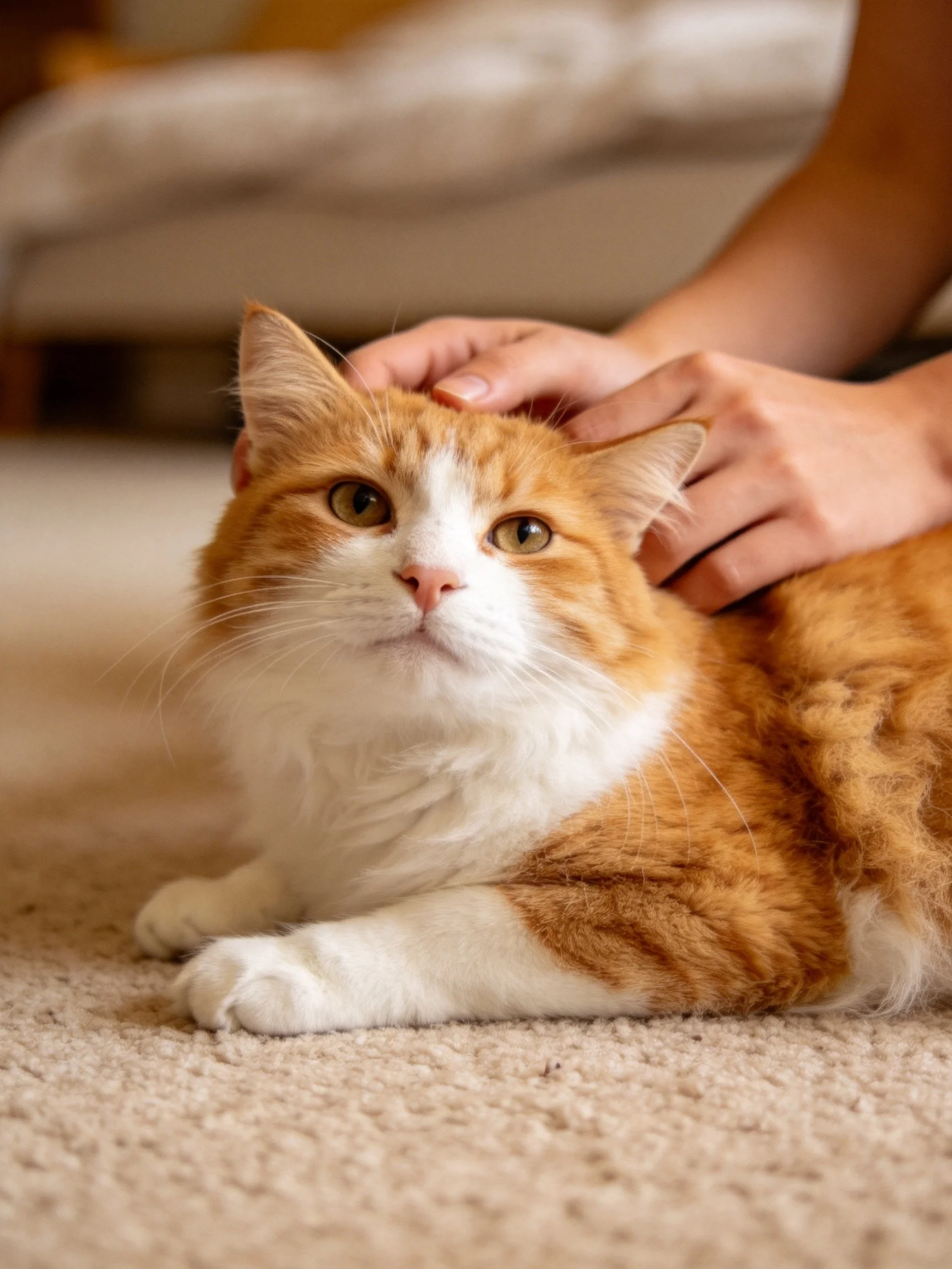An orange and white cat stays calm as receiving pets on a carpet