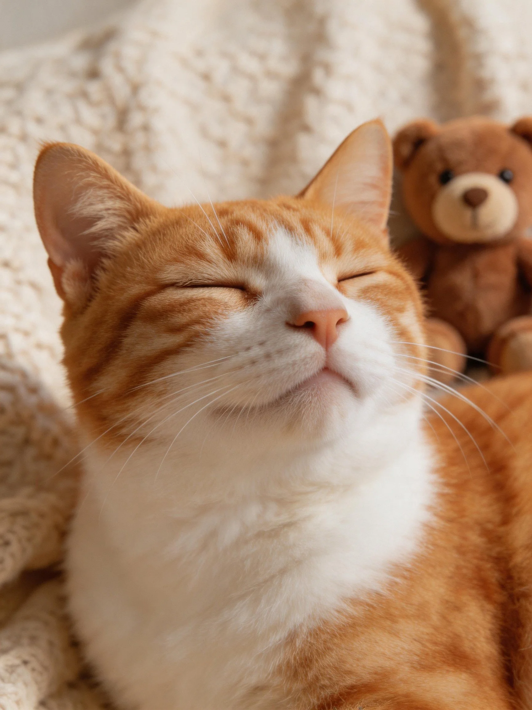 An orange and white cat relaxes beside a brown teddy bear on a cream blanket