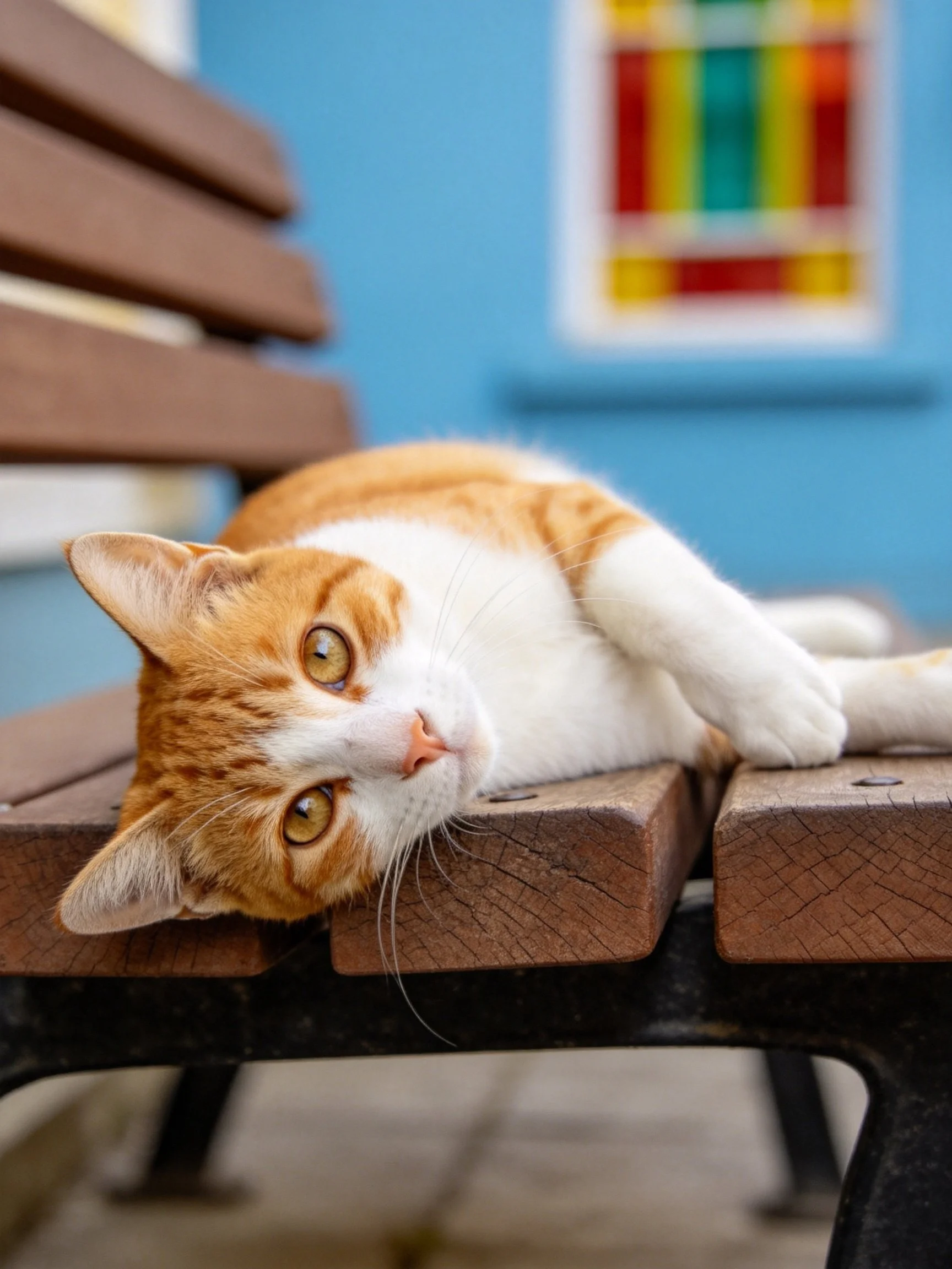 An orange and white cat lounges on a brown wooden bench by a blue wall with a stained glass panel
