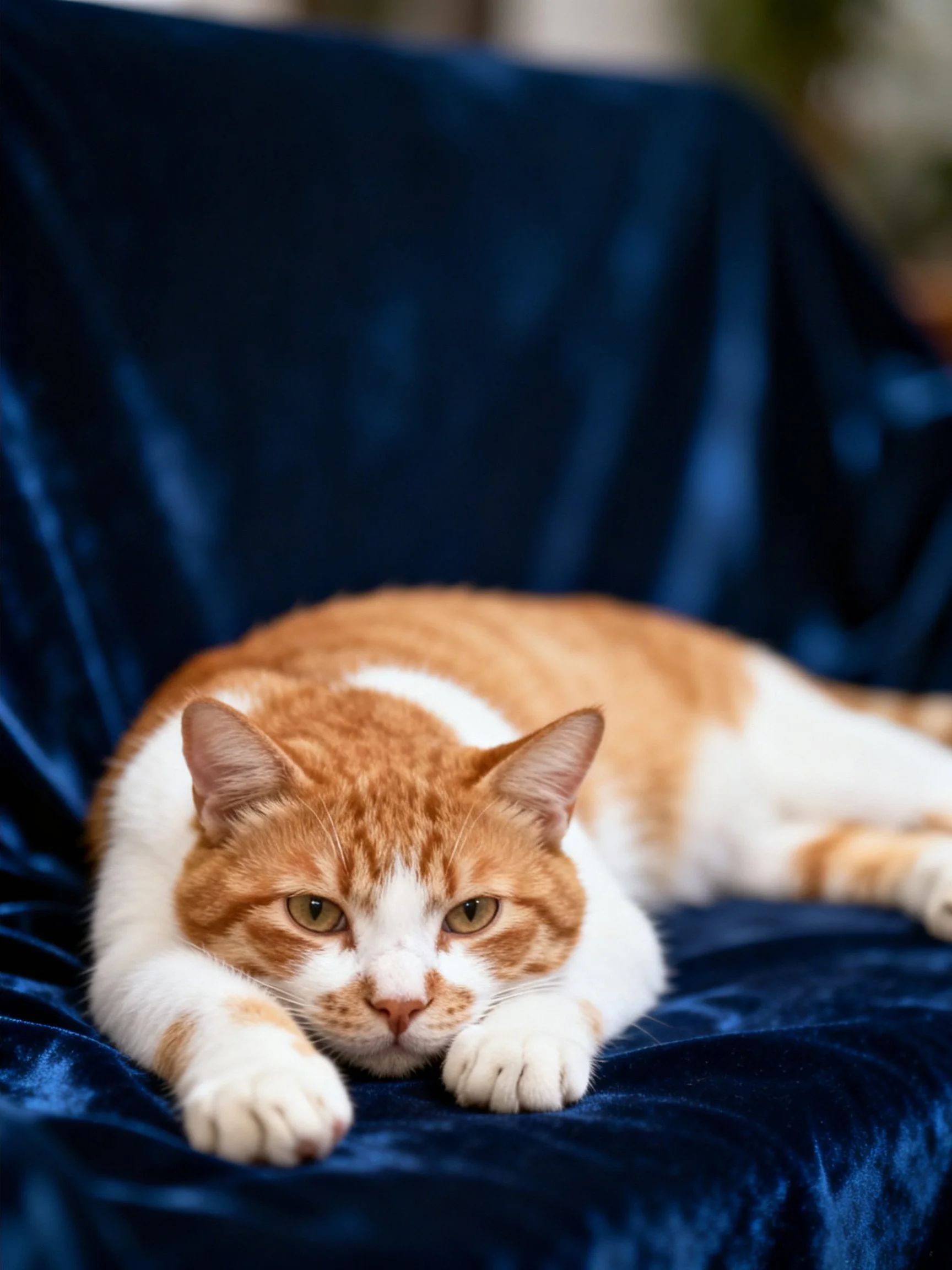 An orange and white cat rests peacefully on a dark blue velvet fabric.