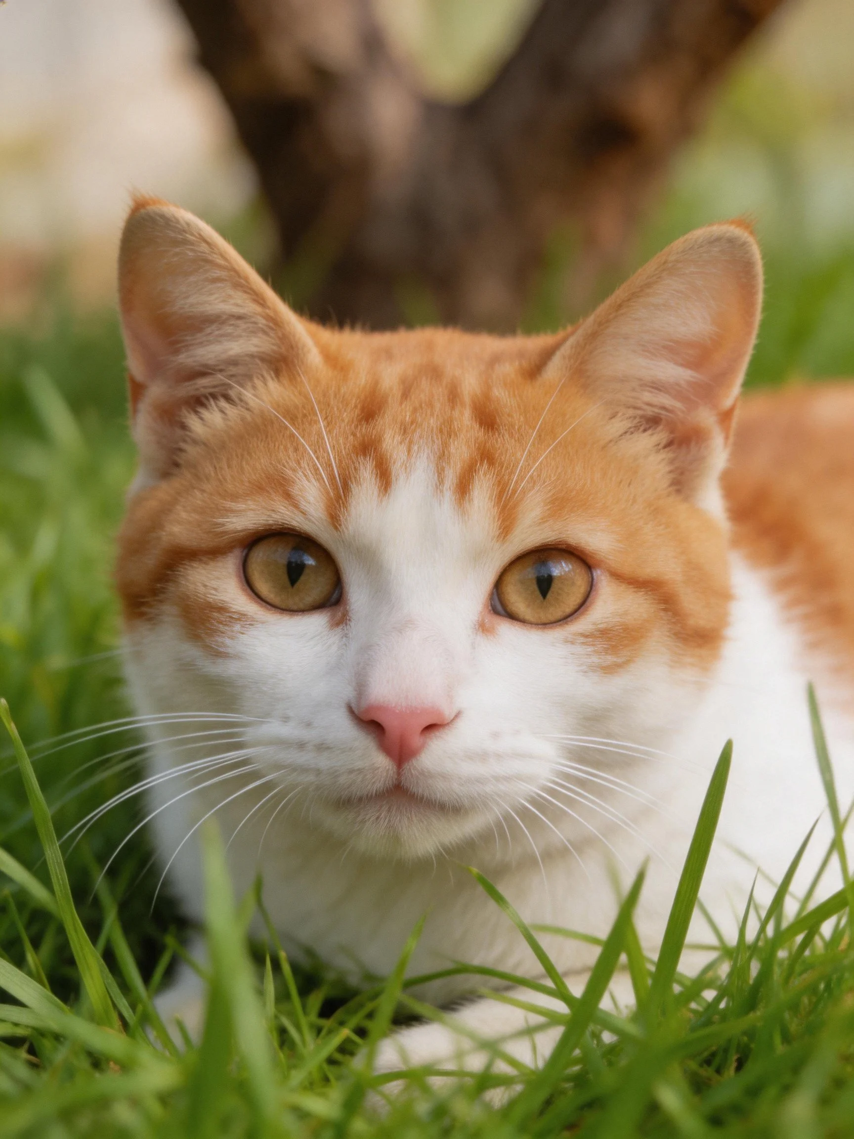An orange and white cat lies calmly among green grass with a tree trunk in the background.